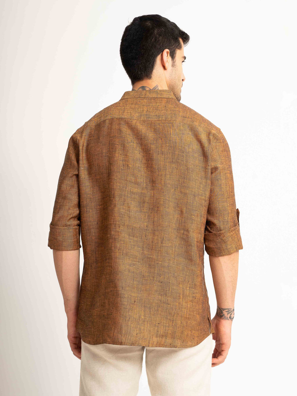 ST4U Men's Pure Linen Full Sleeve Chambray Short Kurta – Golden Orange