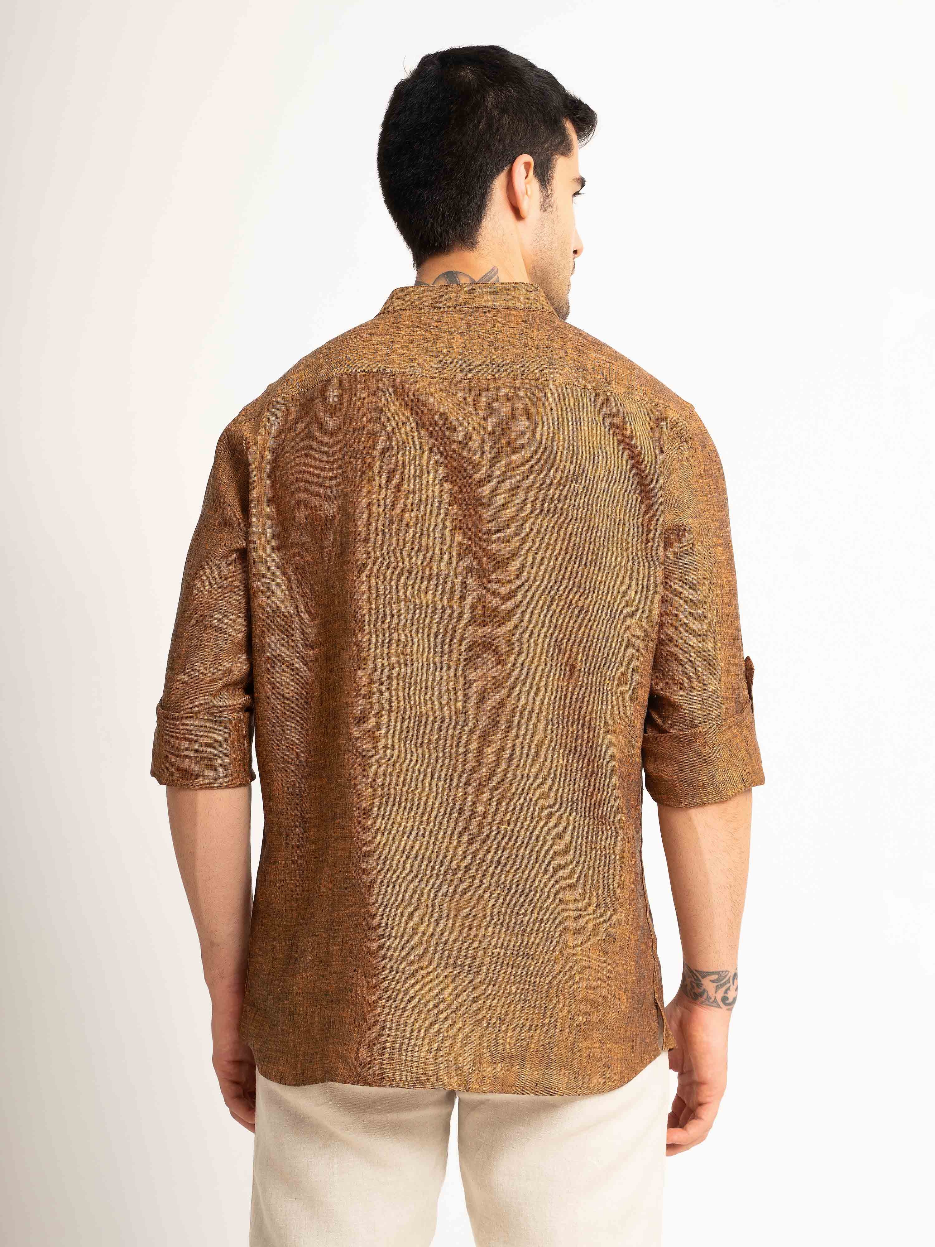 ST4U Men's Pure Linen Full Sleeve Chambray Short Kurta – Golden Orange