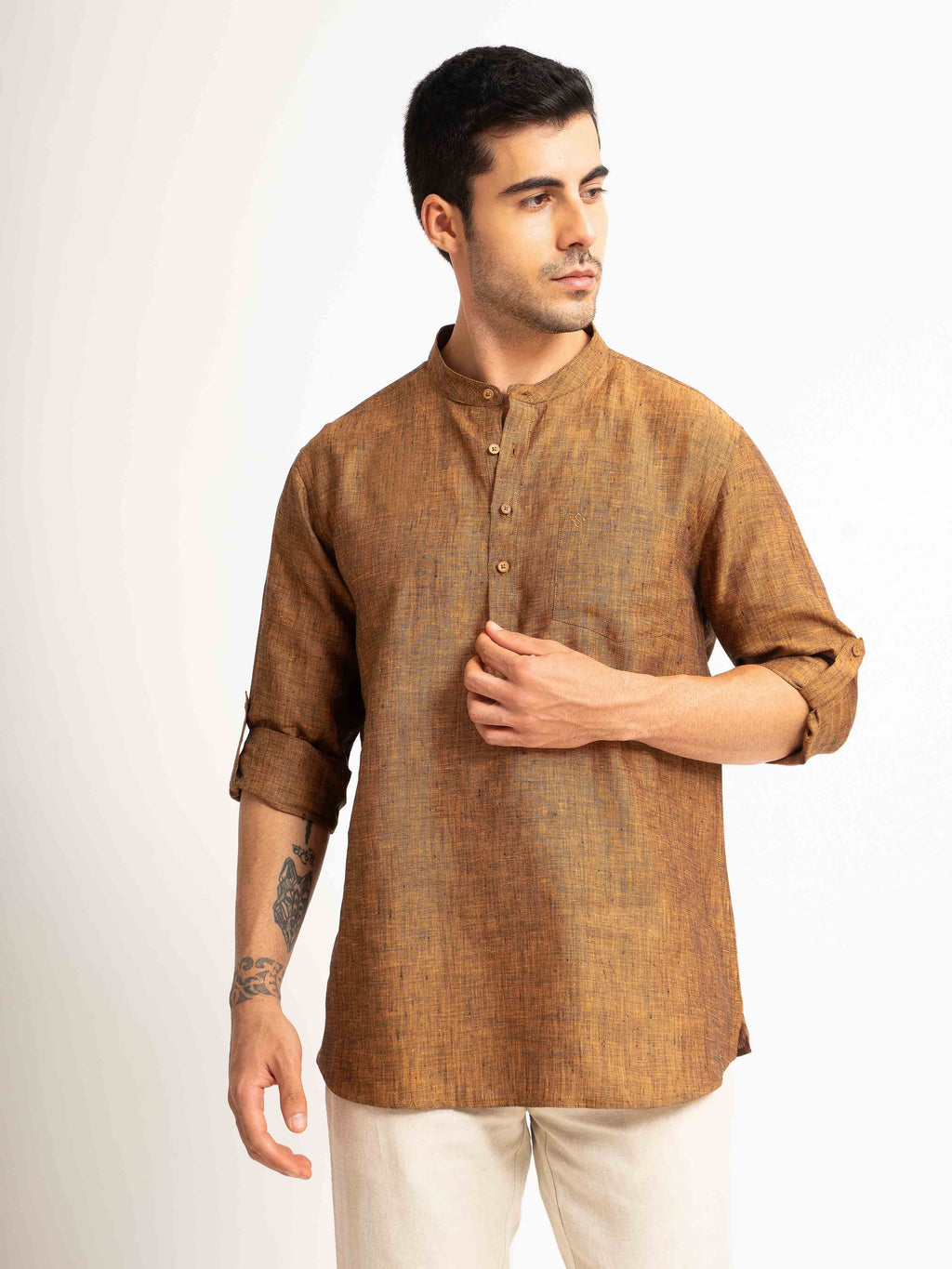 ST4U Men's Pure Linen Full Sleeve Chambray Short Kurta – Golden Orange
