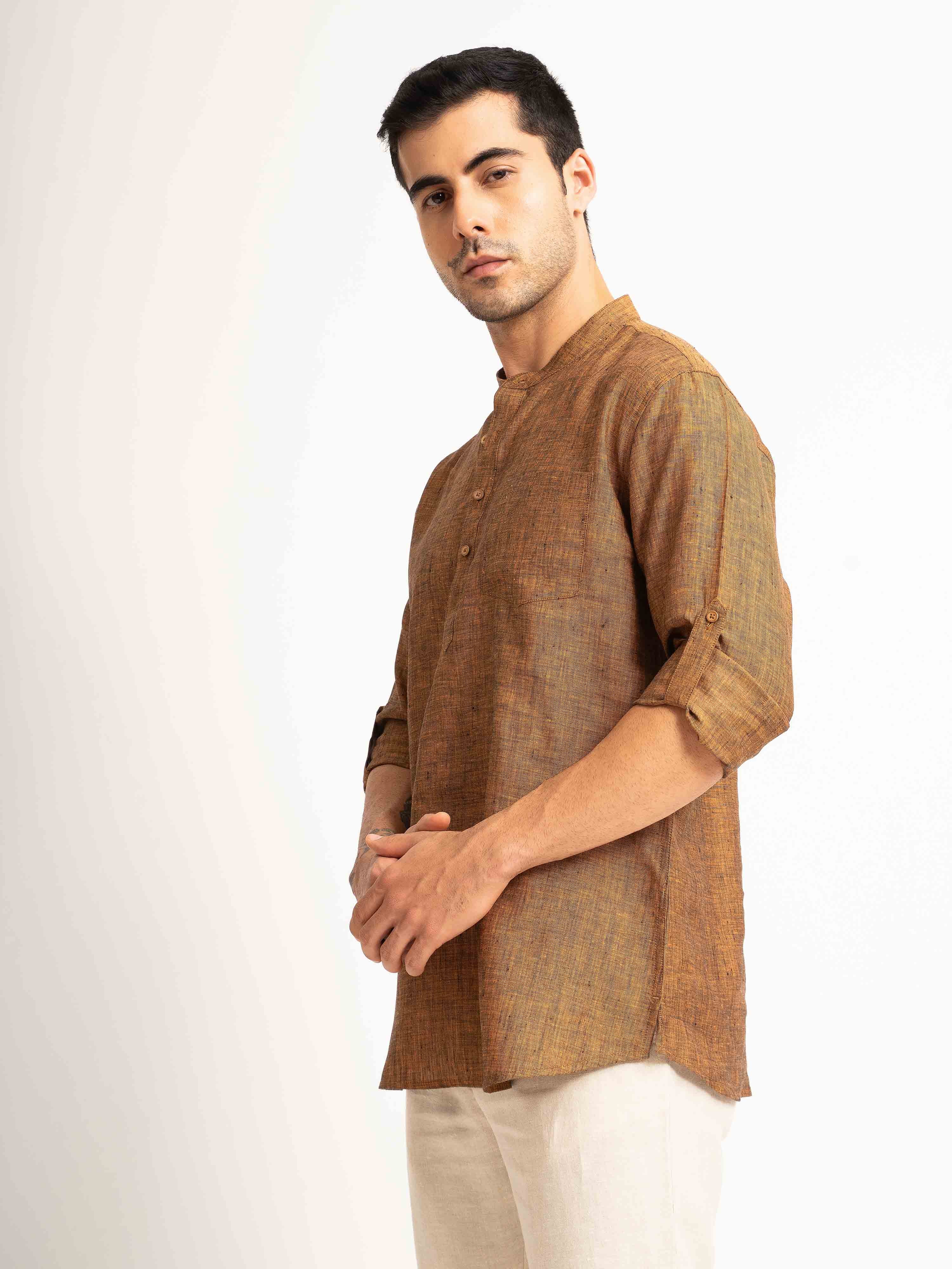 ST4U Men's Pure Linen Full Sleeve Chambray Short Kurta – Golden Orange