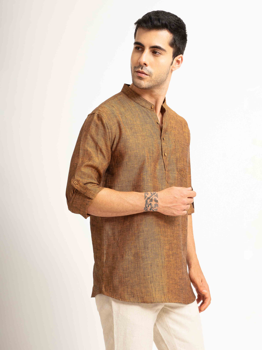 ST4U Men's Pure Linen Full Sleeve Chambray Short Kurta – Golden Orange