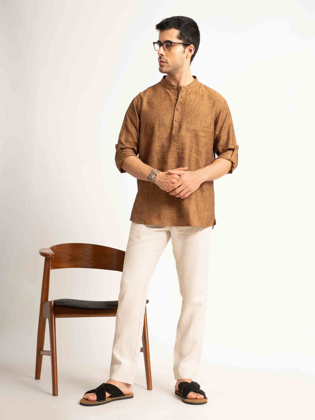 ST4U Men's Pure Linen Full Sleeve Chambray Short Kurta – Golden Orange