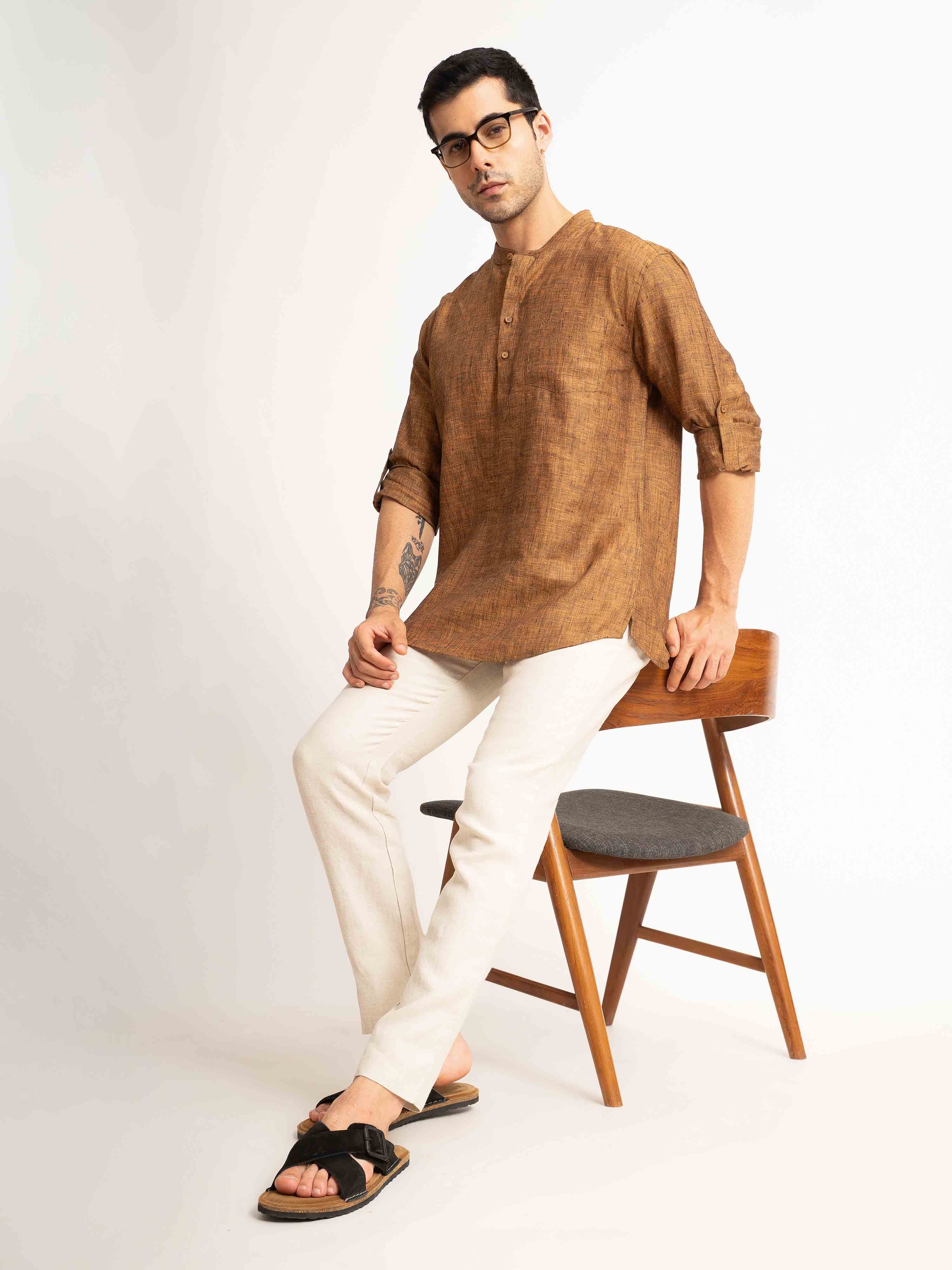 ST4U Men's Pure Linen Full Sleeve Chambray Short Kurta – Golden Orange