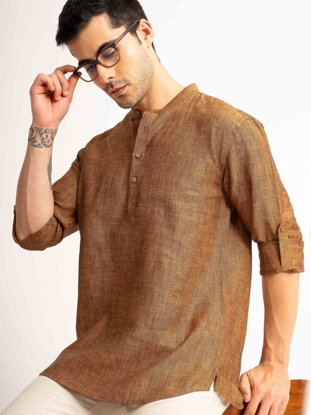 ST4U Men's Pure Linen Full Sleeve Chambray Short Kurta – Golden Orange