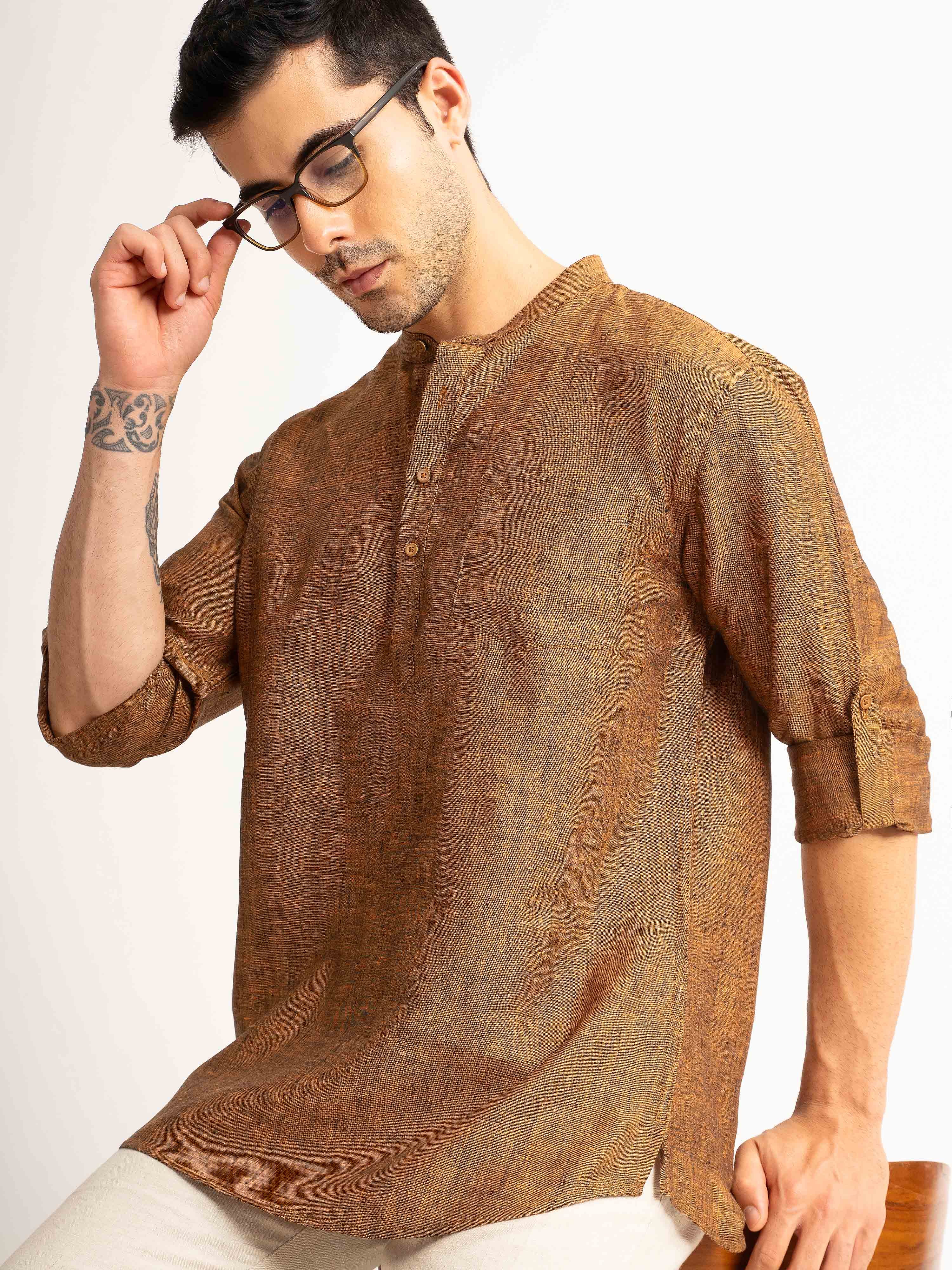 ST4U Men's Pure Linen Full Sleeve Chambray Short Kurta – Golden Orange