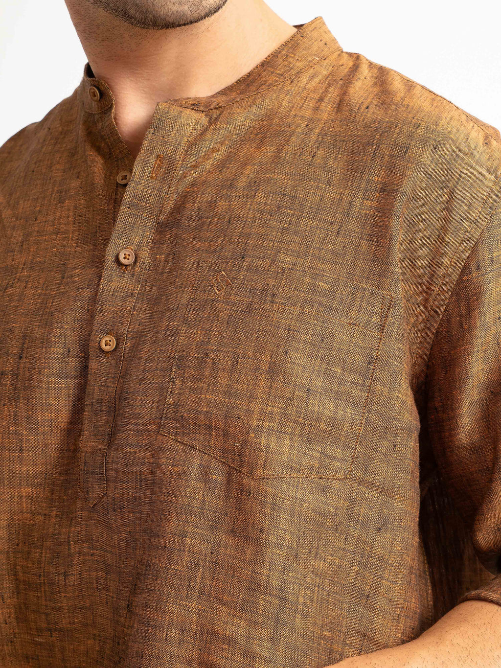 ST4U Men's Pure Linen Full Sleeve Chambray Short Kurta – Golden Orange