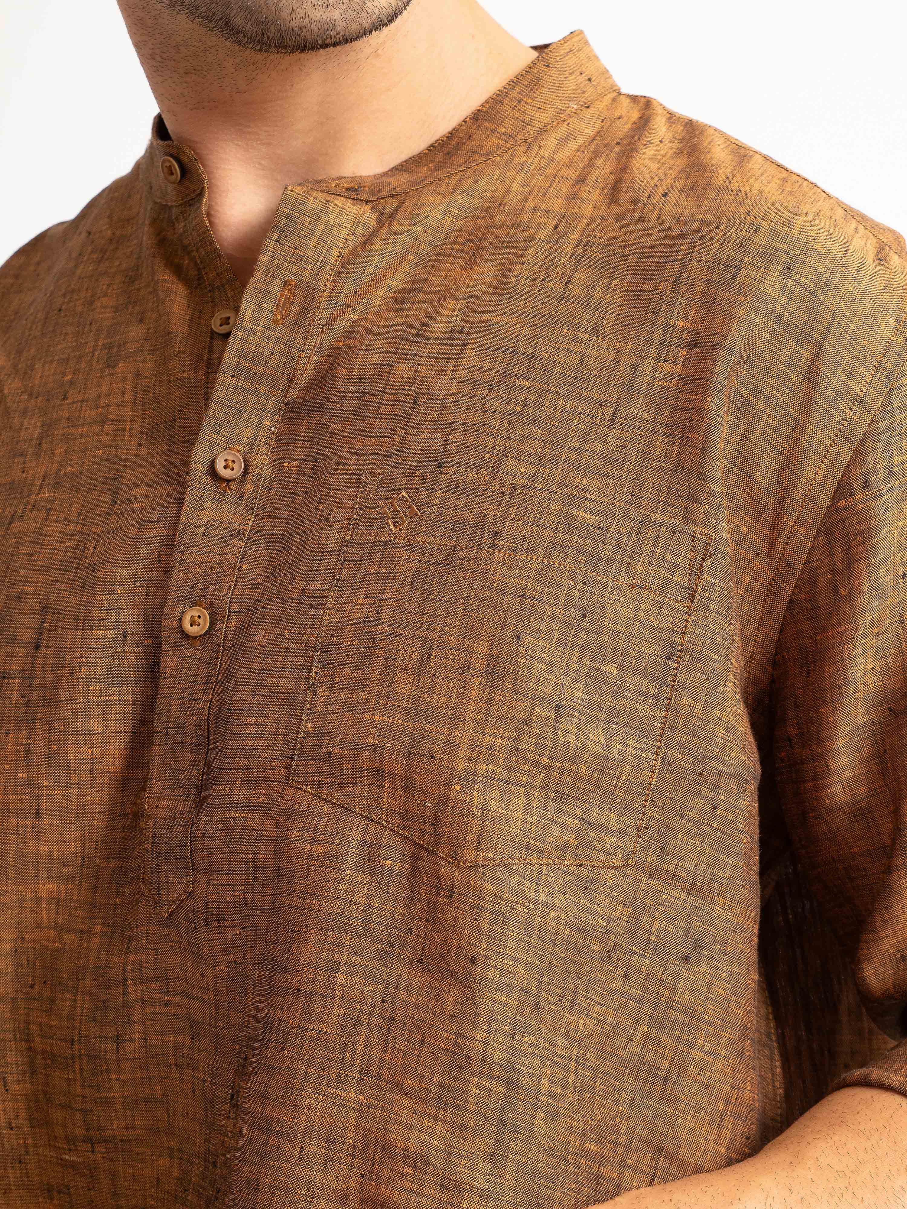ST4U Men's Pure Linen Full Sleeve Chambray Short Kurta – Golden Orange