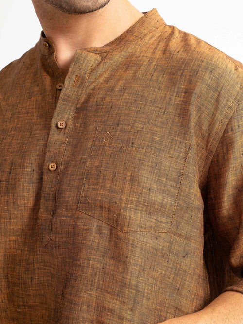 ST4U Men's Pure Linen Full Sleeve Chambray Short Kurta – Golden Orange