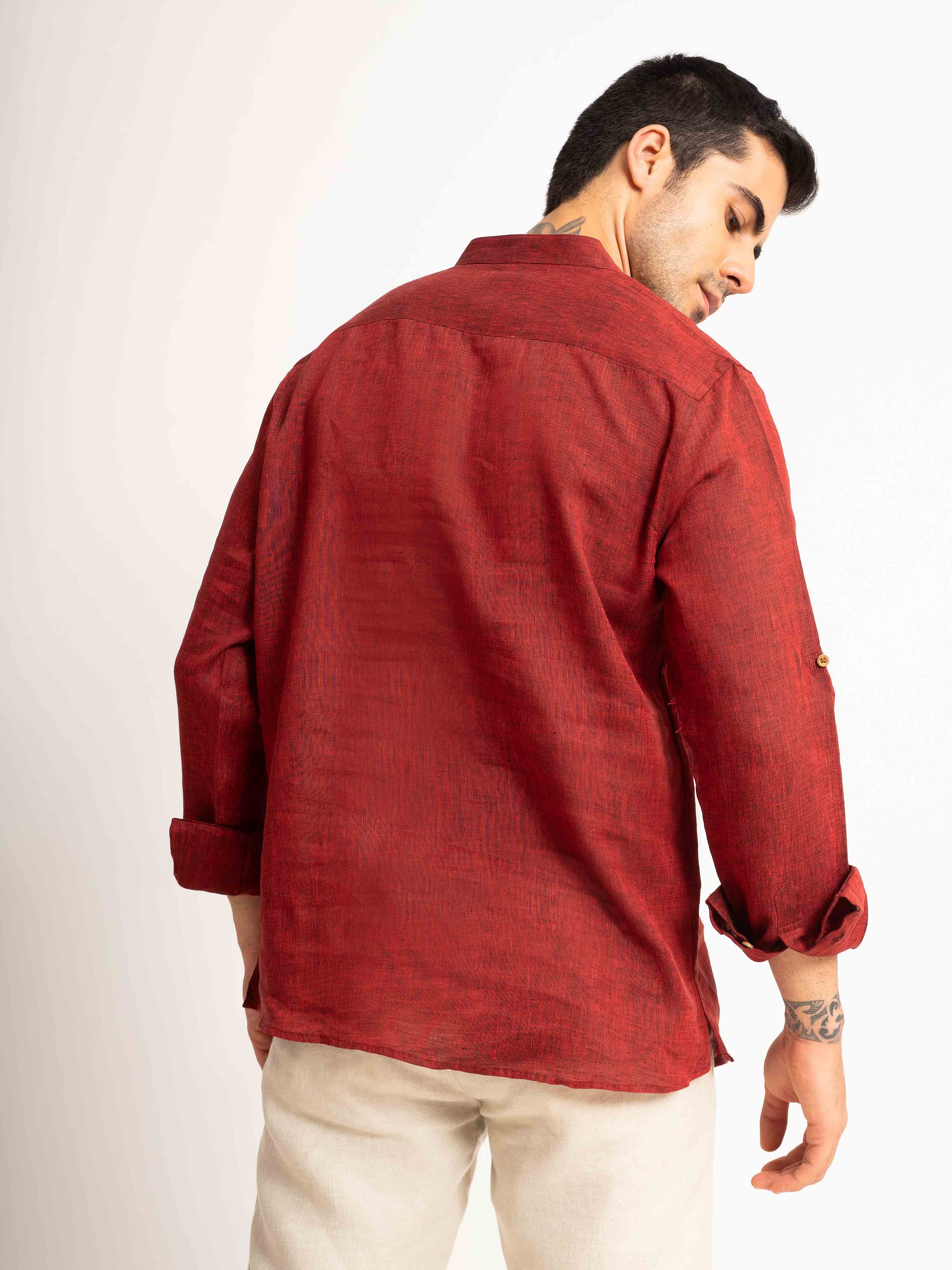 ST4U Men's Pure Linen Full Sleeve Chambray Short Kurta – Dark Maroon