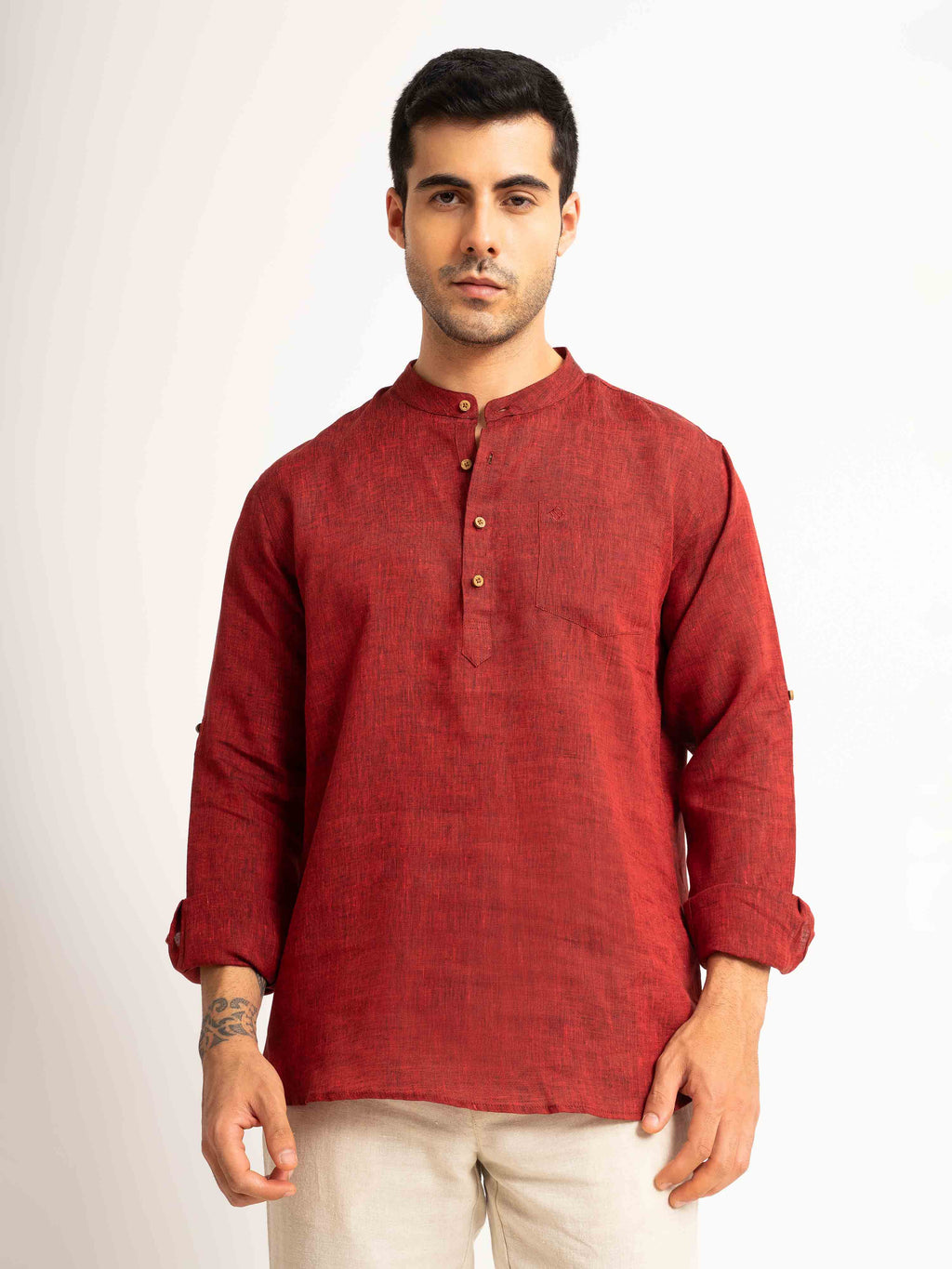 ST4U Men's Pure Linen Full Sleeve Chambray Short Kurta – Dark Maroon
