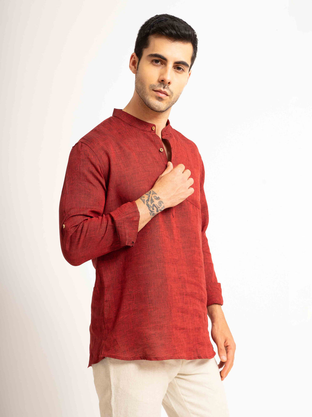 ST4U Men's Pure Linen Full Sleeve Chambray Short Kurta – Dark Maroon