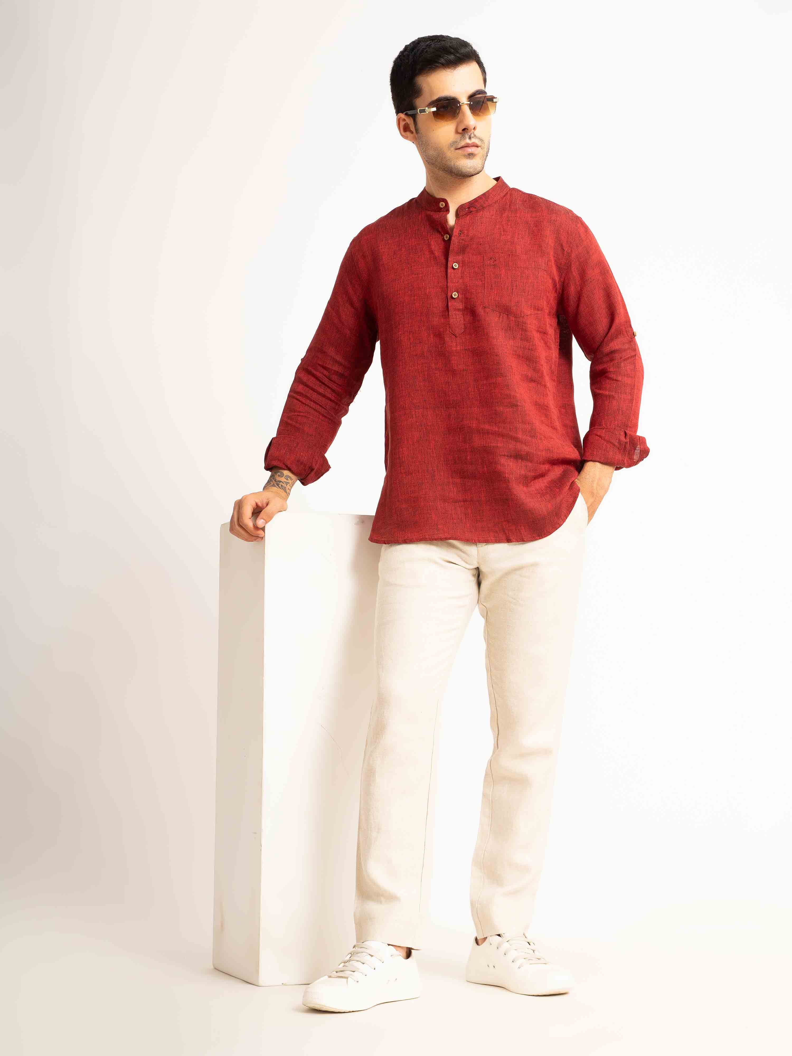 ST4U Men's Pure Linen Full Sleeve Chambray Short Kurta – Dark Maroon