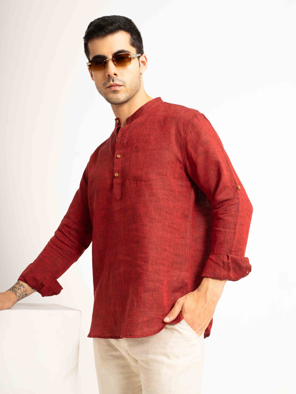 ST4U Men's Pure Linen Full Sleeve Chambray Short Kurta – Dark Maroon