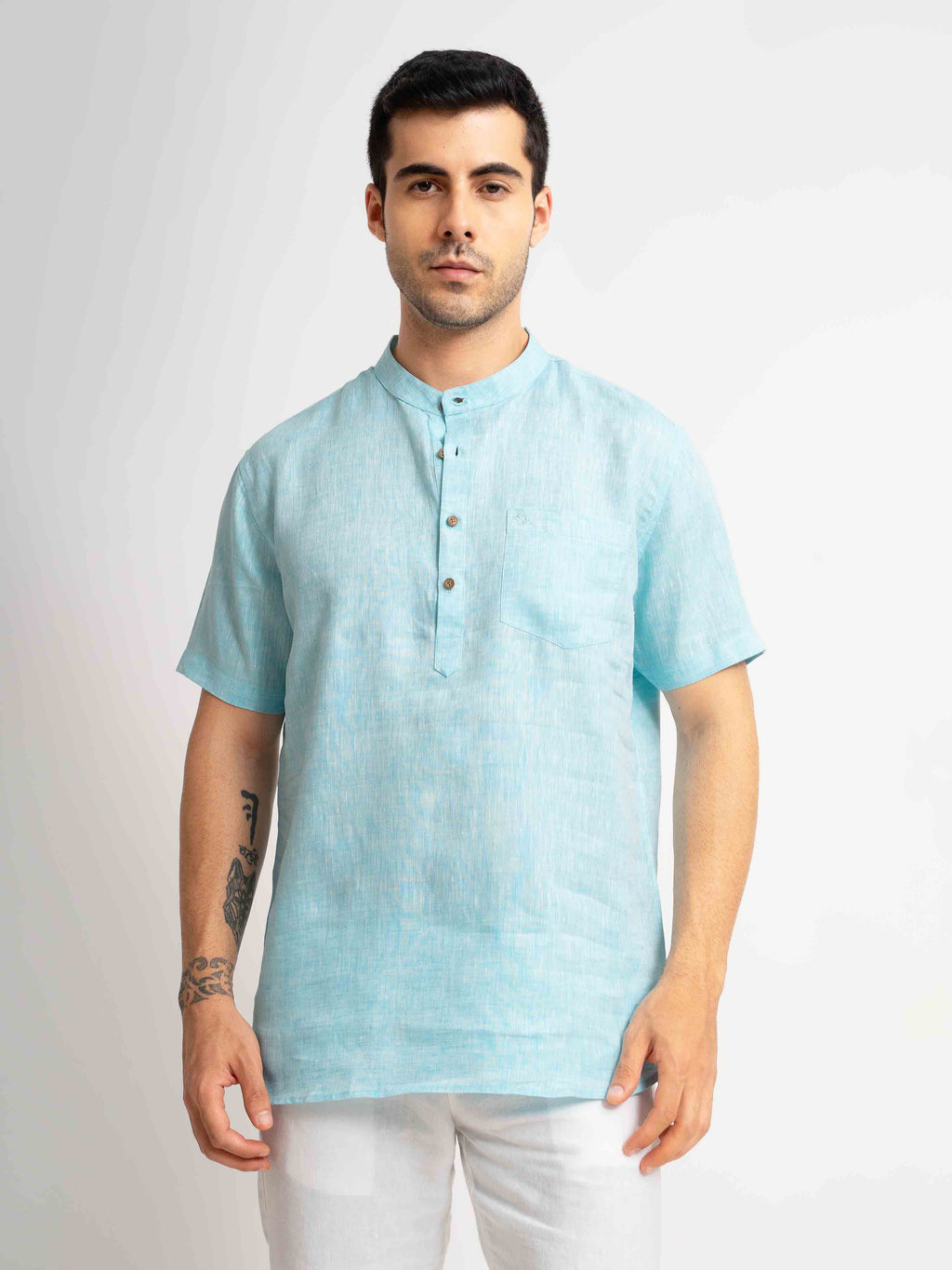 ST4U Men's Pure Linen Half Sleeve Chambray Short Kurta – Sky Blue