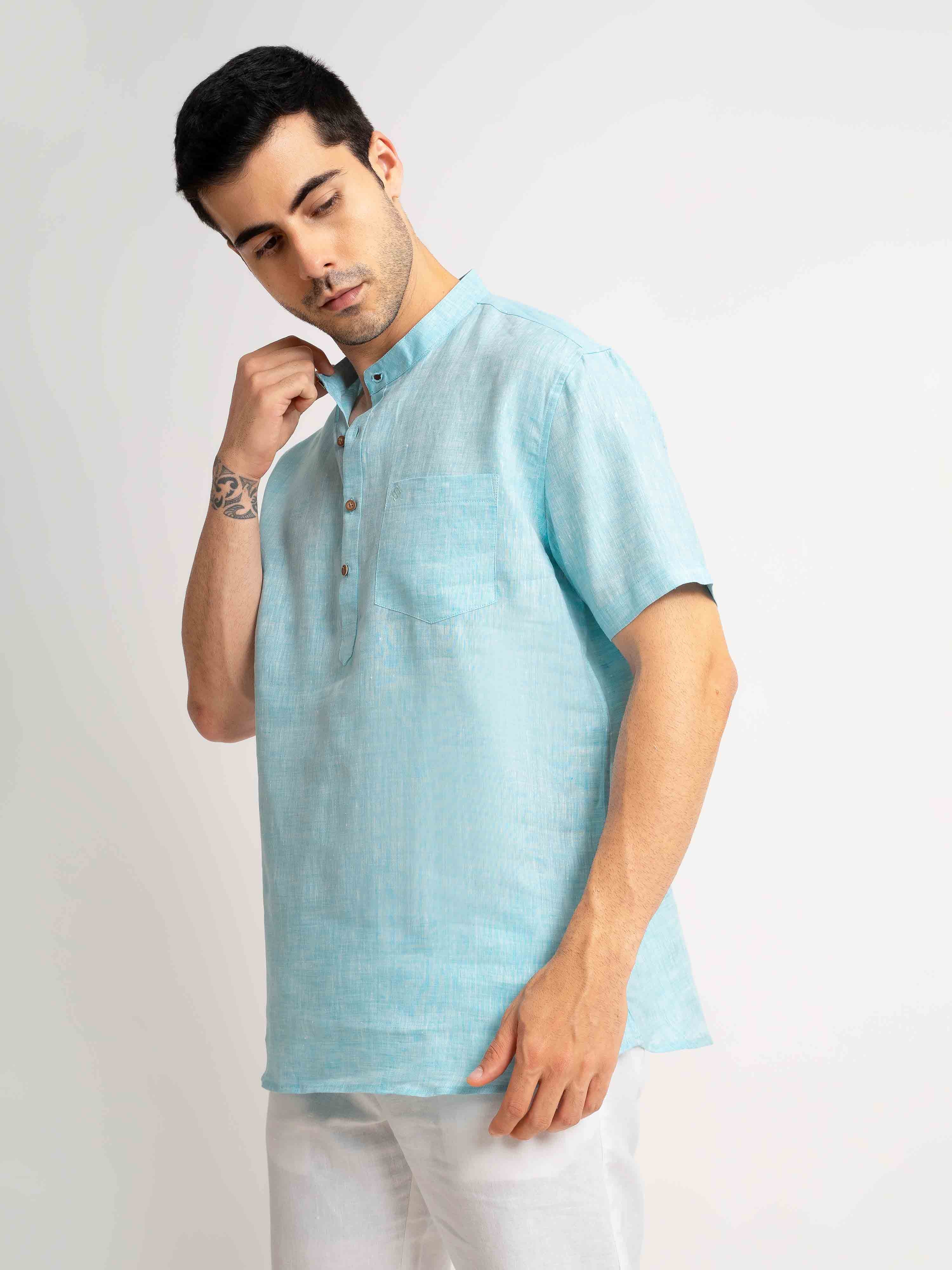 ST4U Men's Pure Linen Half Sleeve Chambray Short Kurta – Sky Blue