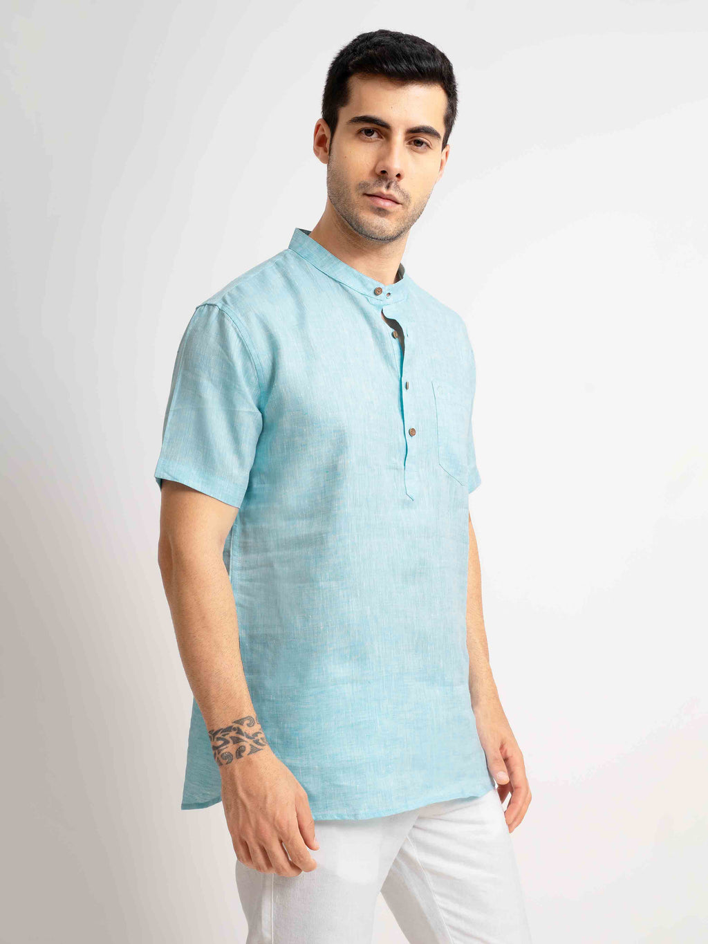 ST4U Men's Pure Linen Half Sleeve Chambray Short Kurta – Sky Blue