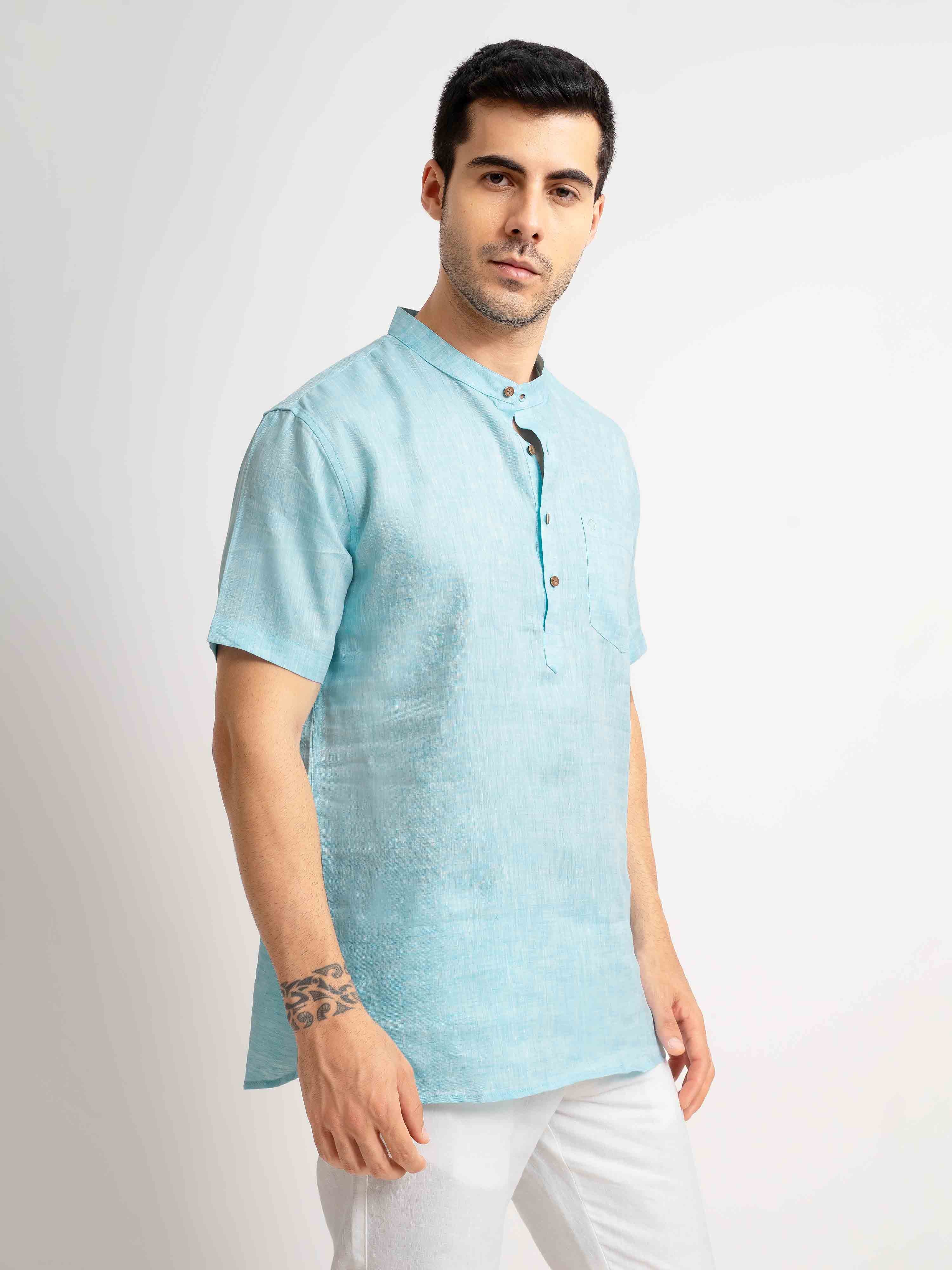 ST4U Men's Pure Linen Half Sleeve Chambray Short Kurta – Sky Blue