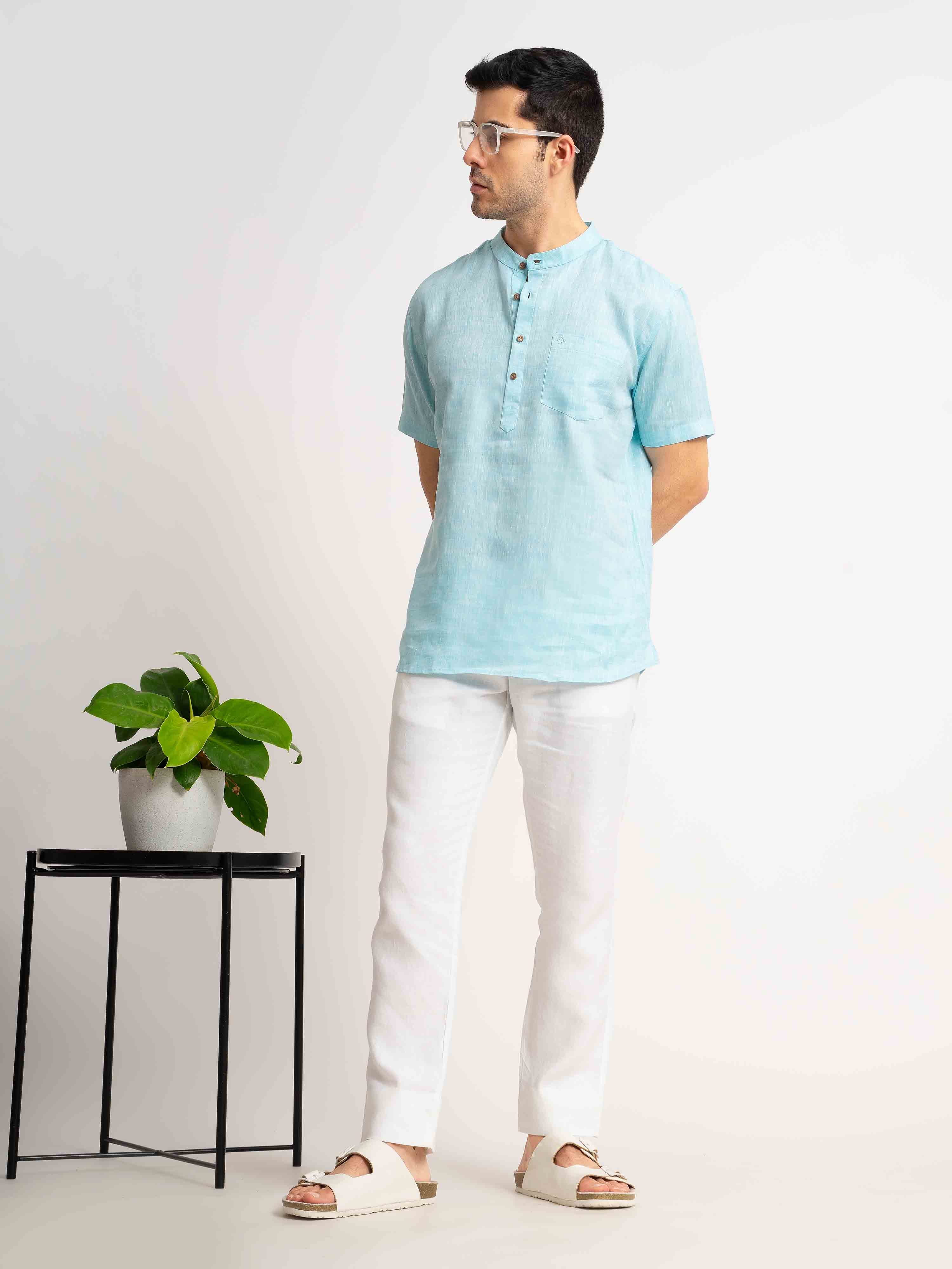 ST4U Men's Pure Linen Half Sleeve Chambray Short Kurta – Sky Blue