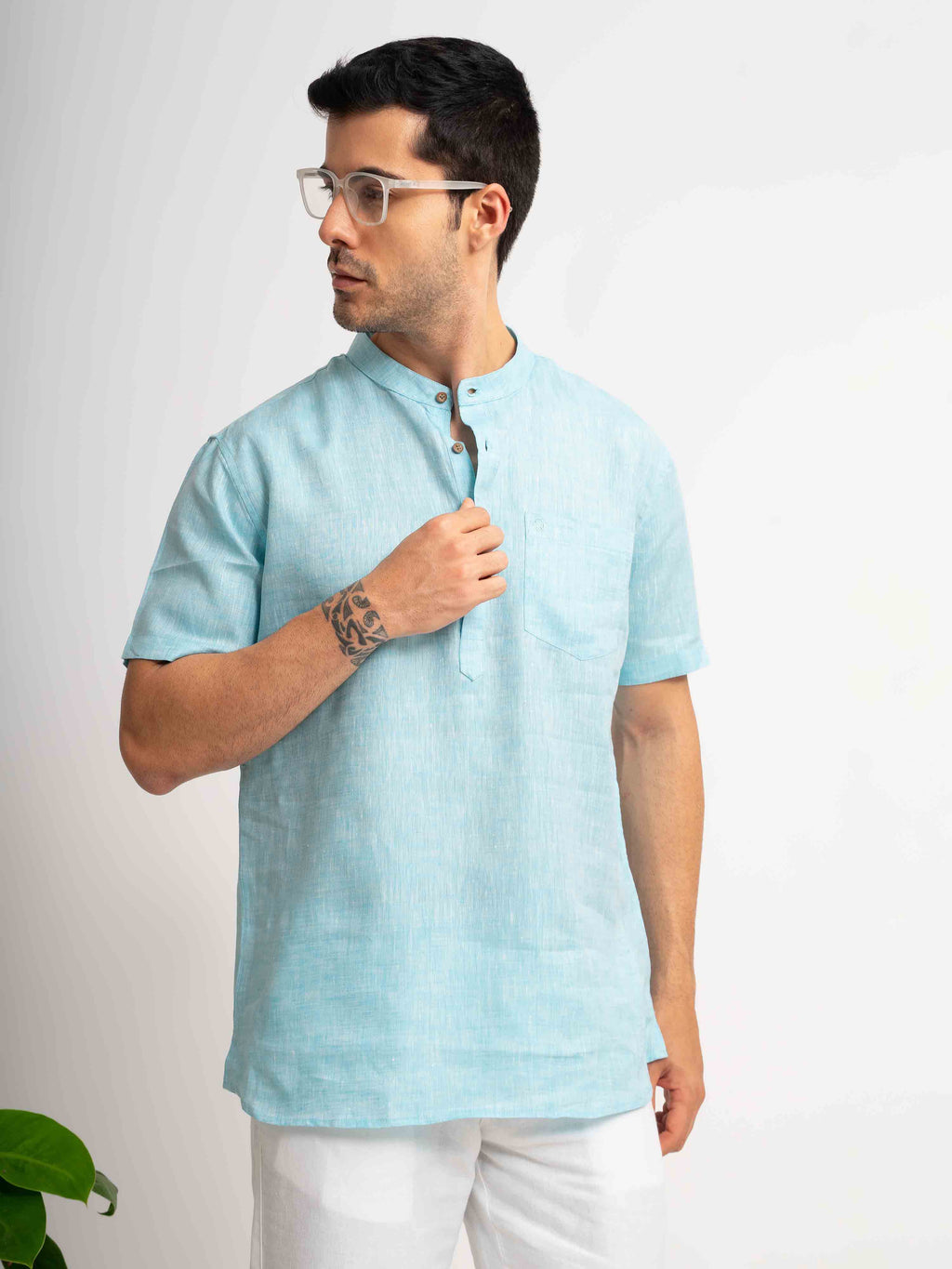 ST4U Men's Pure Linen Half Sleeve Chambray Short Kurta – Sky Blue