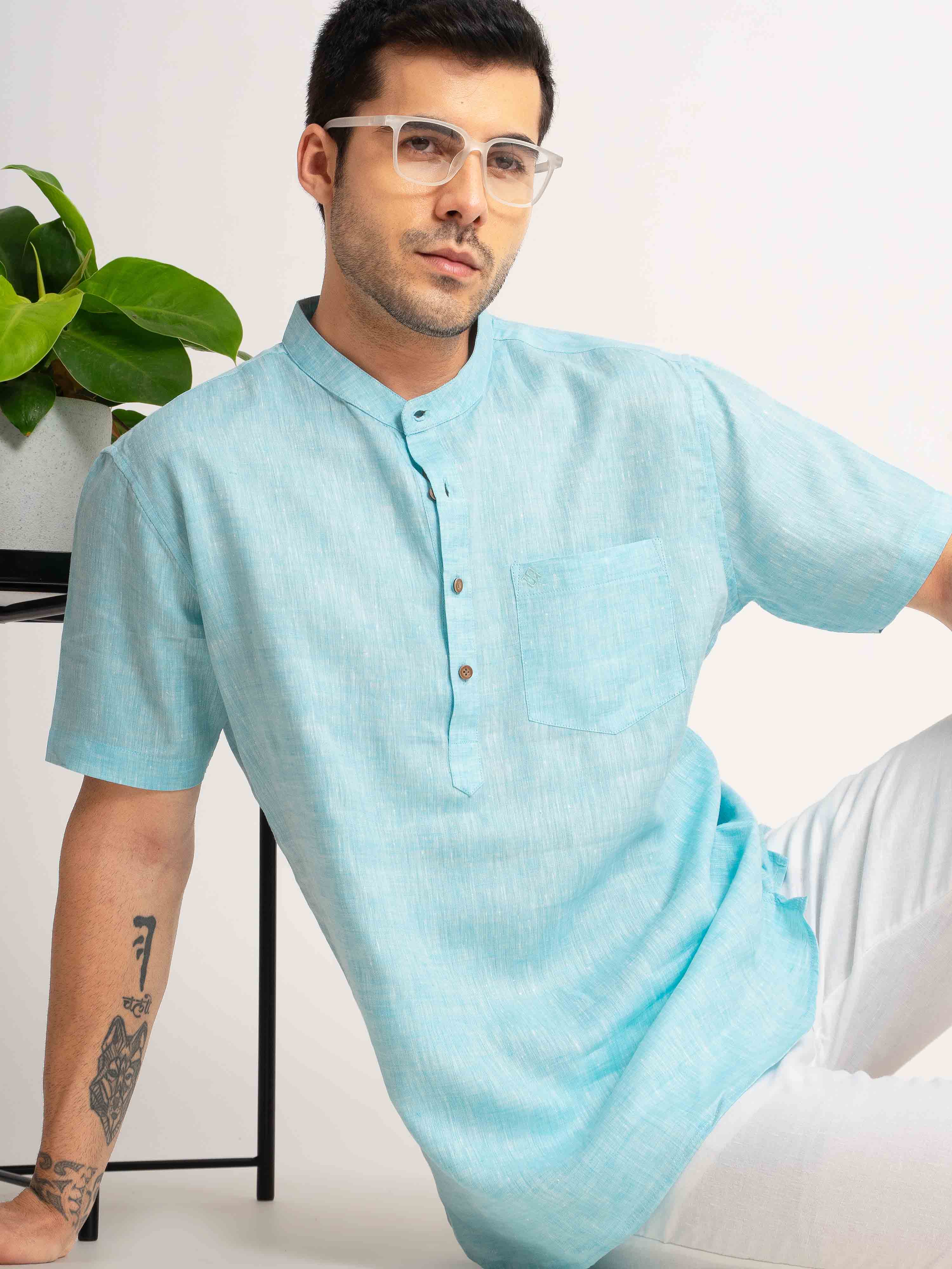 ST4U Men's Pure Linen Half Sleeve Chambray Short Kurta – Sky Blue