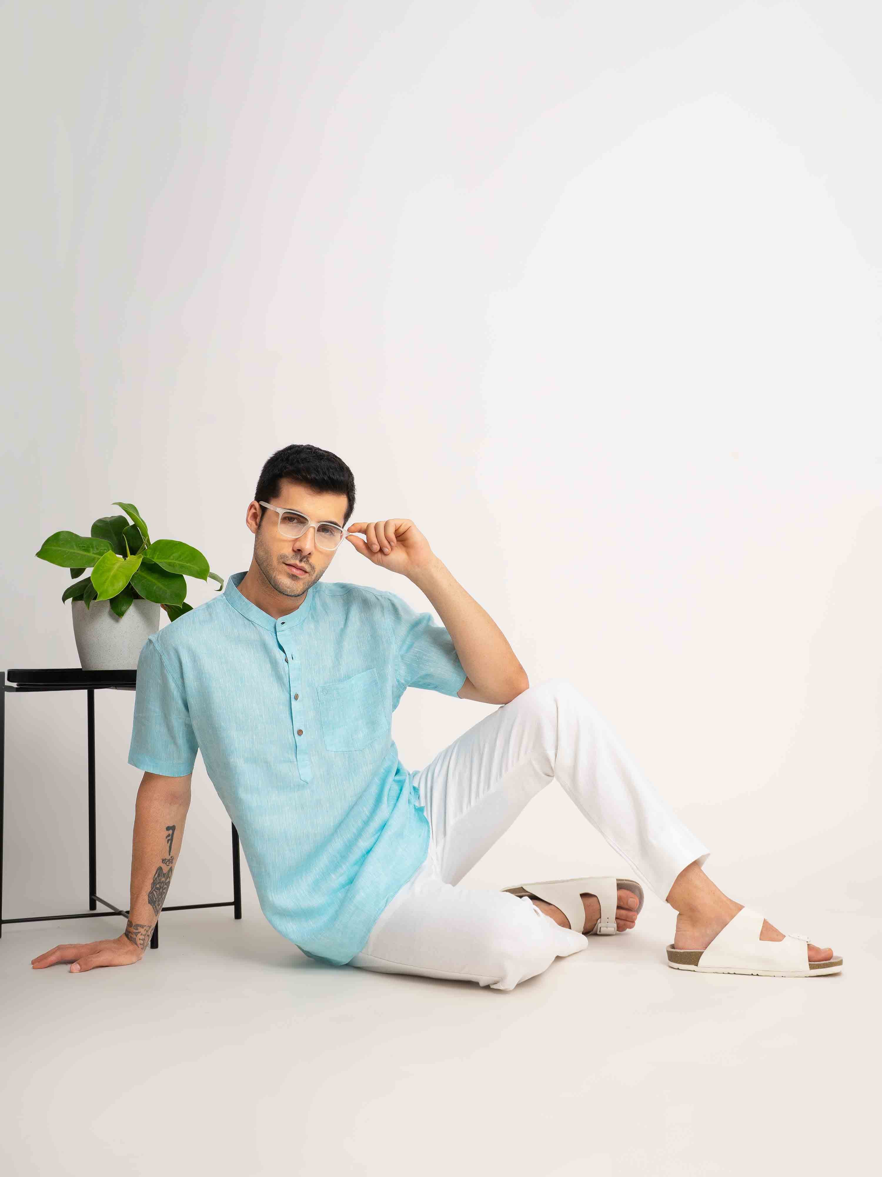 ST4U Men's Pure Linen Half Sleeve Chambray Short Kurta – Sky Blue