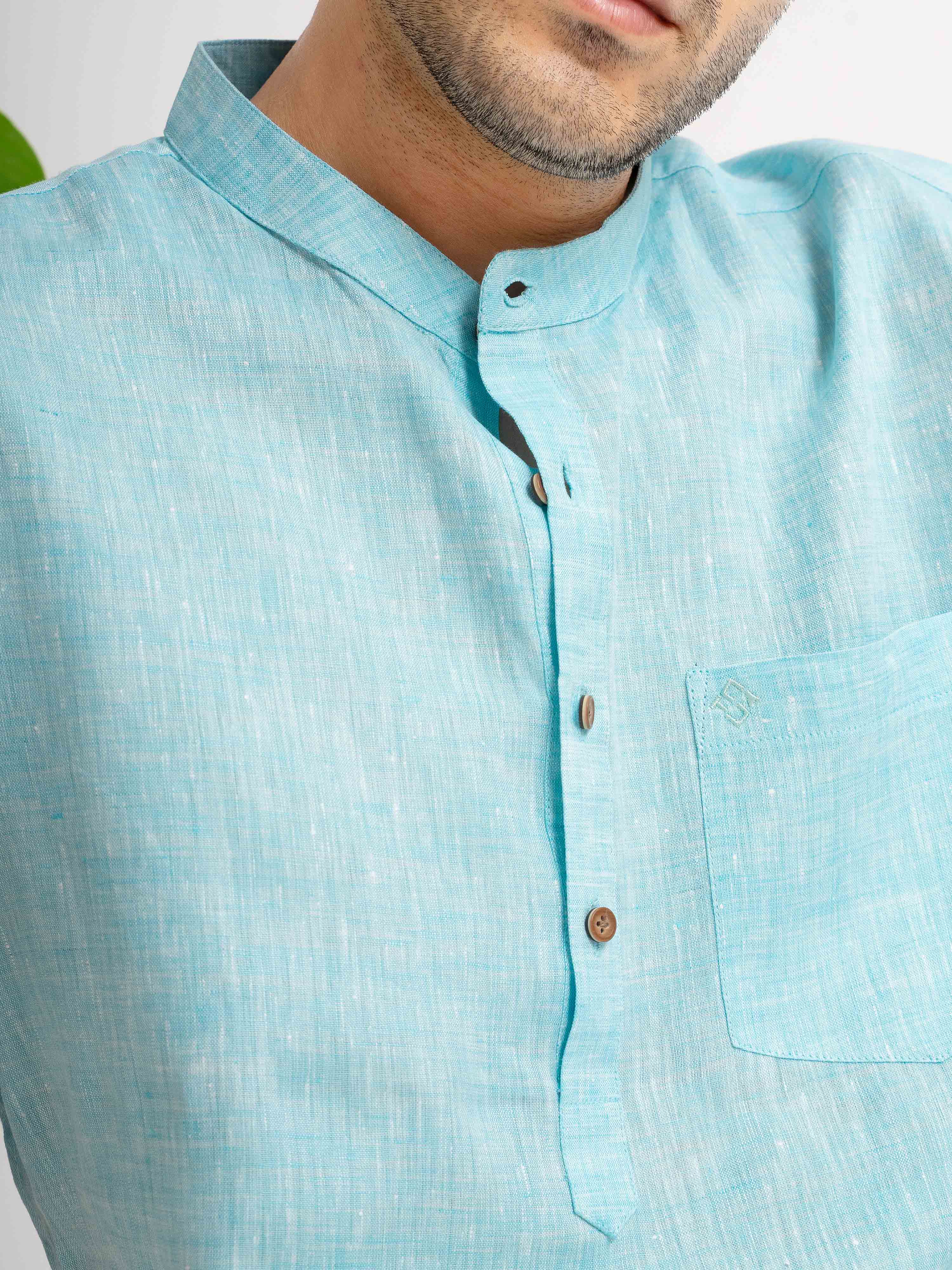 ST4U Men's Pure Linen Half Sleeve Chambray Short Kurta – Sky Blue