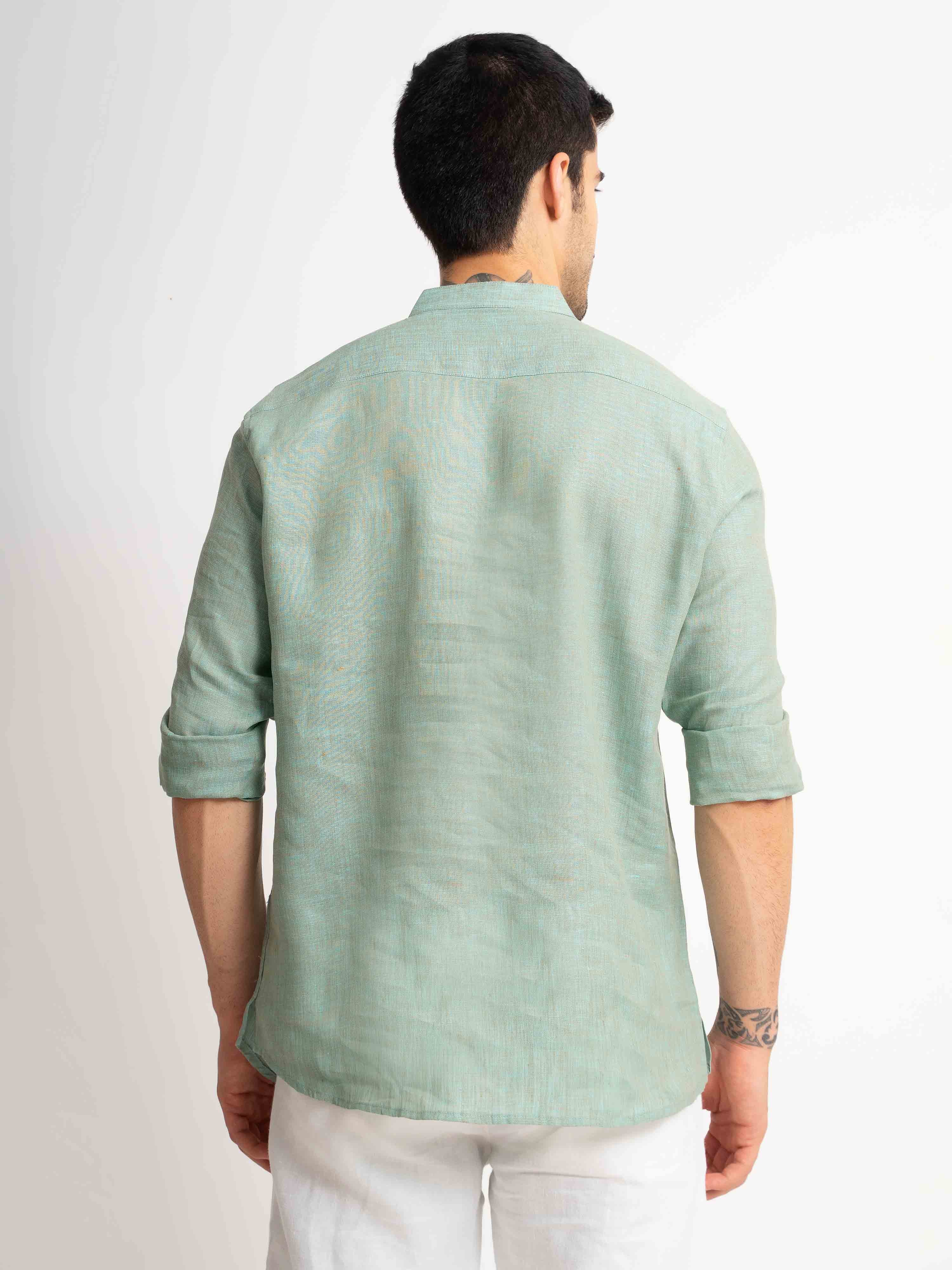 ST4U Men's Pure Linen Full Sleeve Chambray Short Kurta – Jade Green