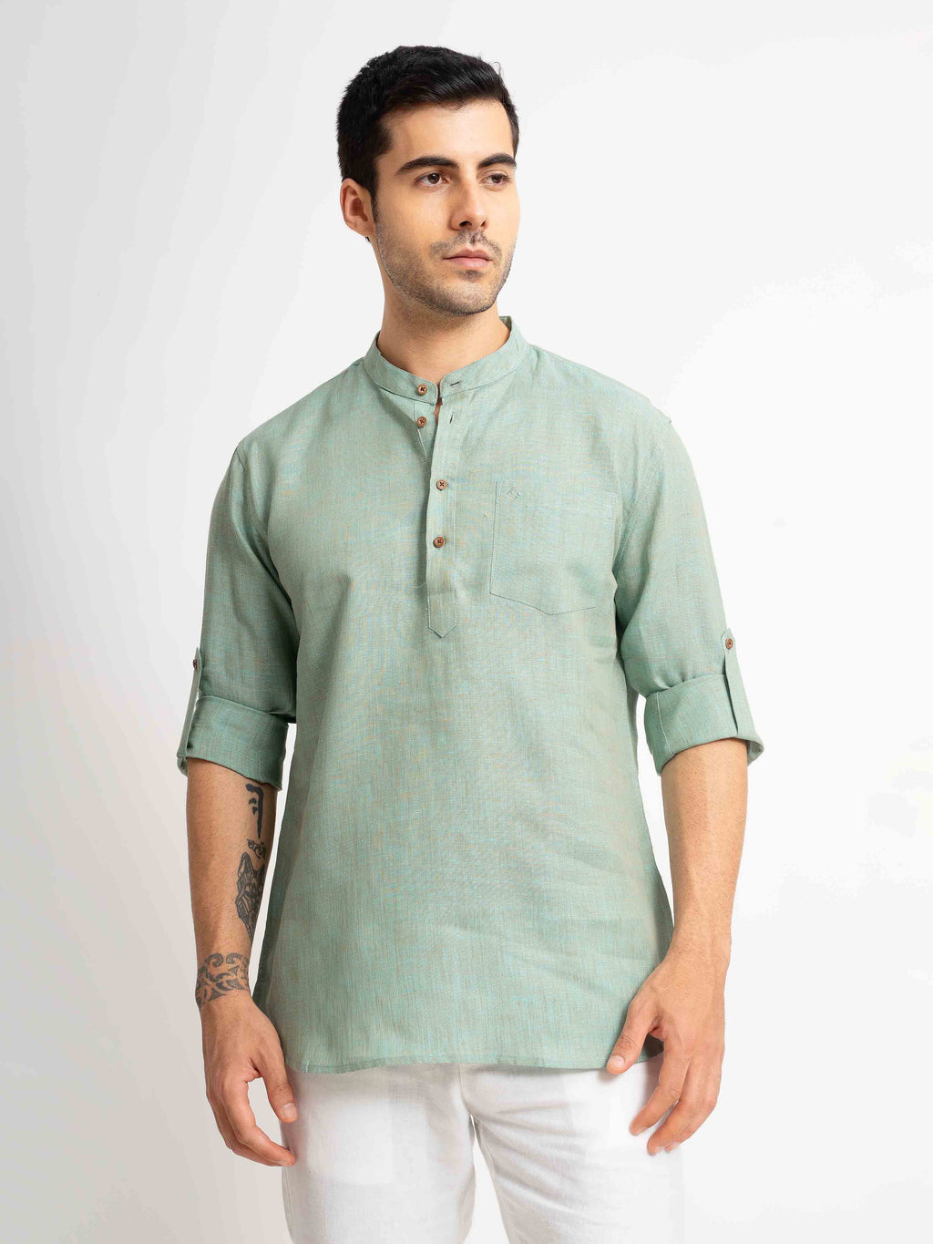 ST4U Men's Pure Linen Full Sleeve Chambray Short Kurta – Jade Green