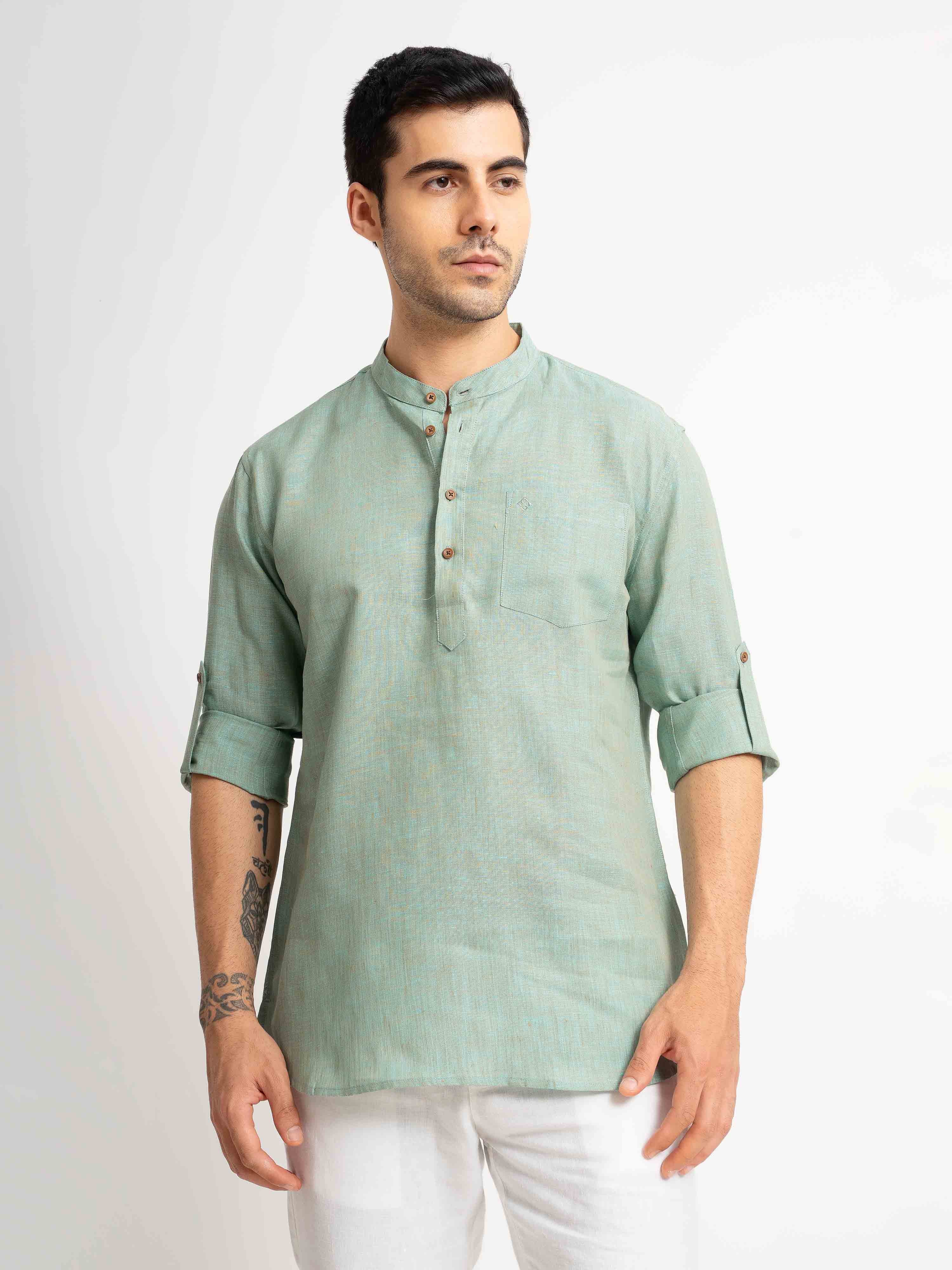 ST4U Men's Pure Linen Full Sleeve Chambray Short Kurta – Jade Green