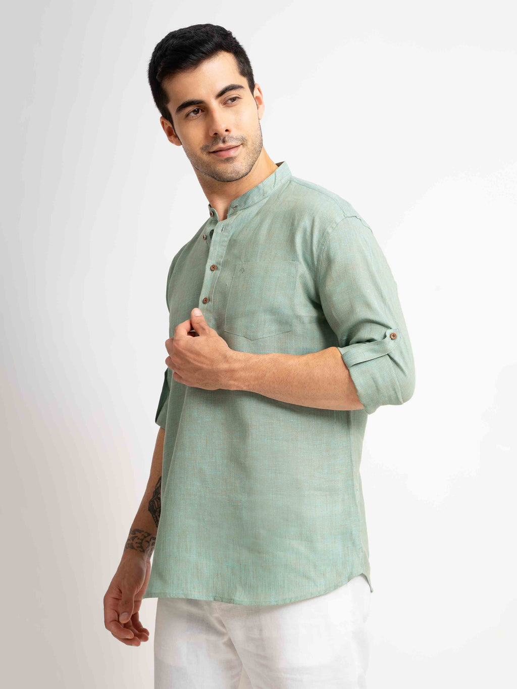 ST4U Men's Pure Linen Full Sleeve Chambray Short Kurta – Jade Green
