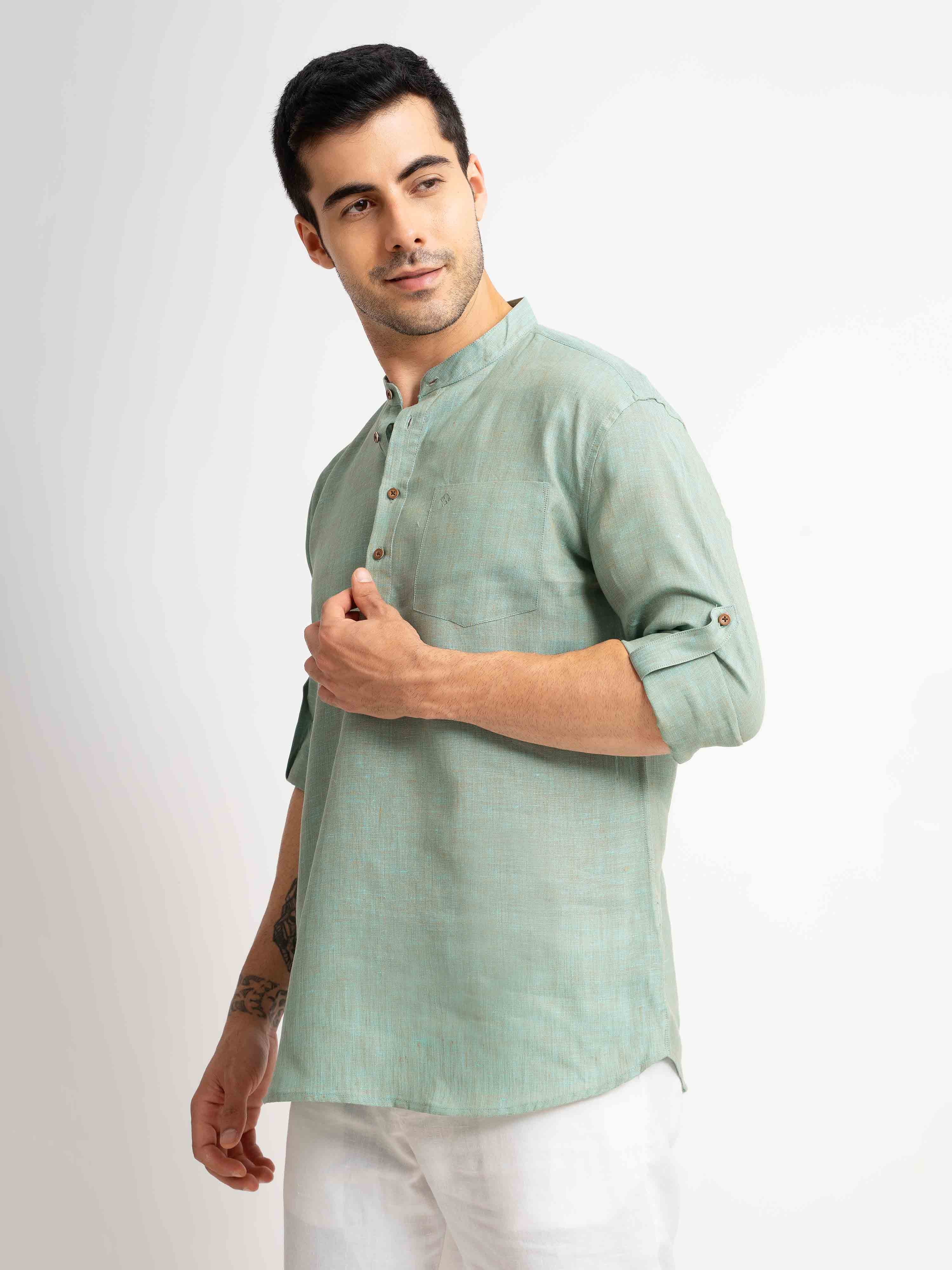 ST4U Men's Pure Linen Full Sleeve Chambray Short Kurta – Jade Green