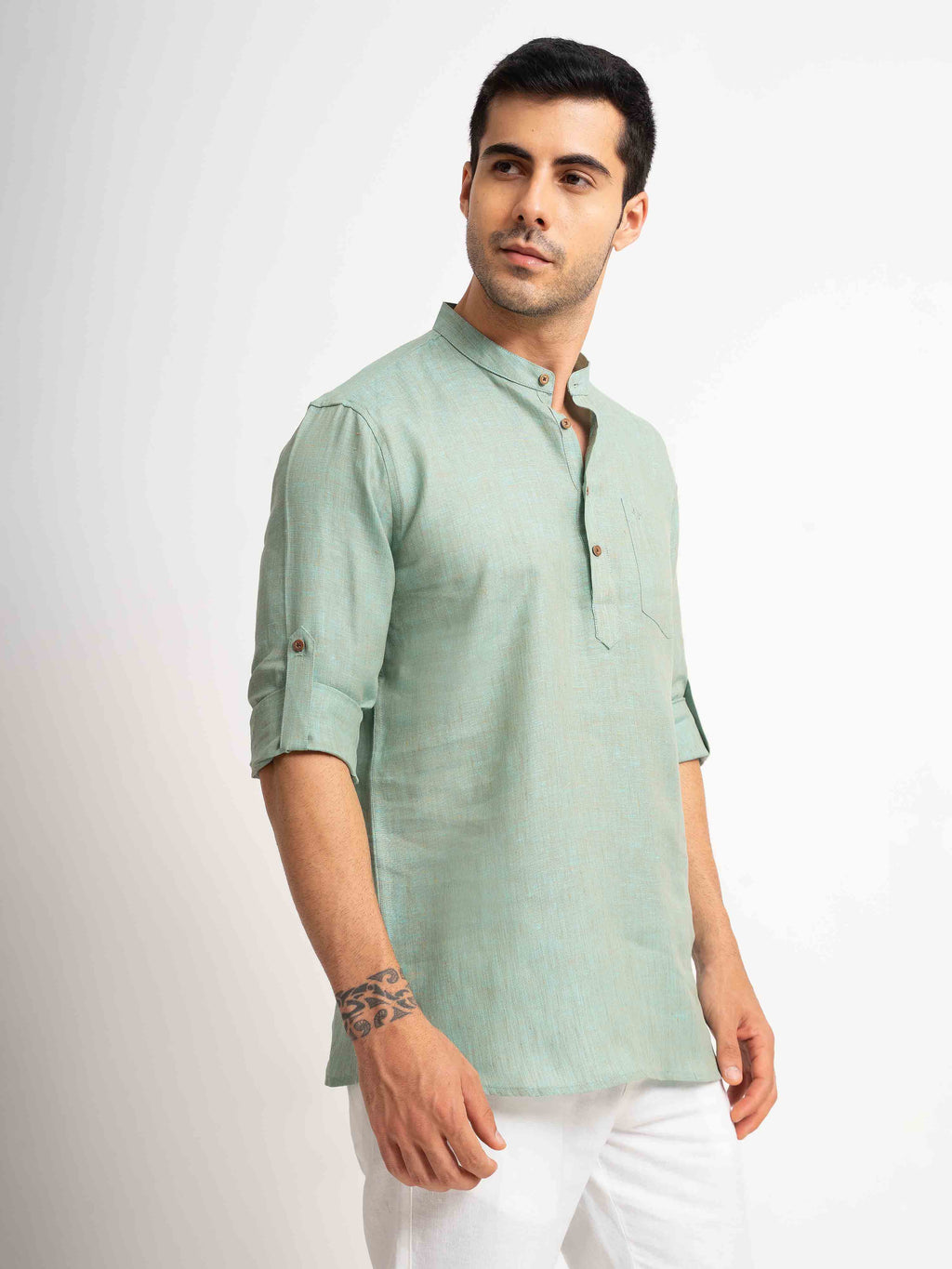 ST4U Men's Pure Linen Full Sleeve Chambray Short Kurta – Jade Green