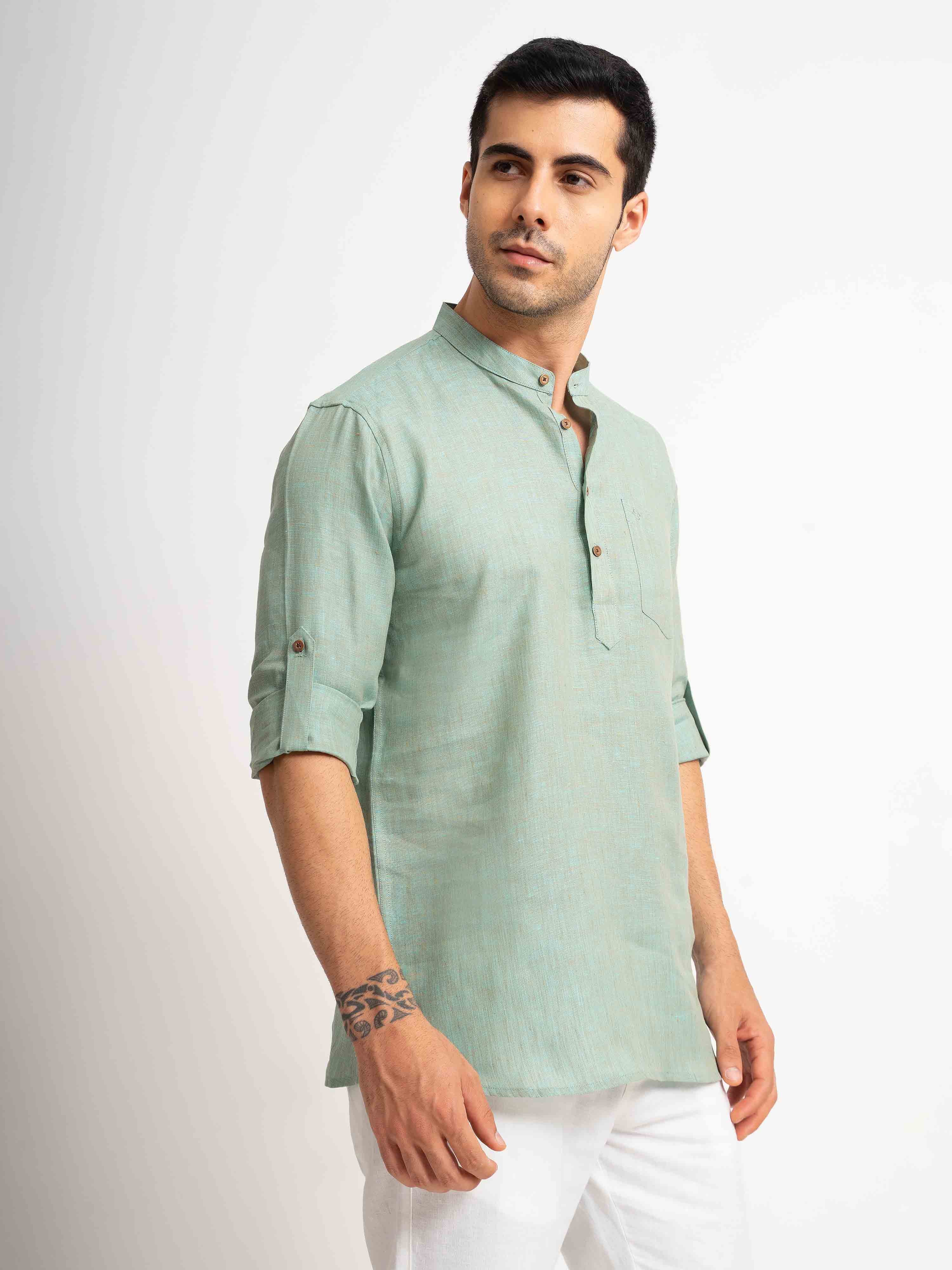 ST4U Men's Pure Linen Full Sleeve Chambray Short Kurta – Jade Green