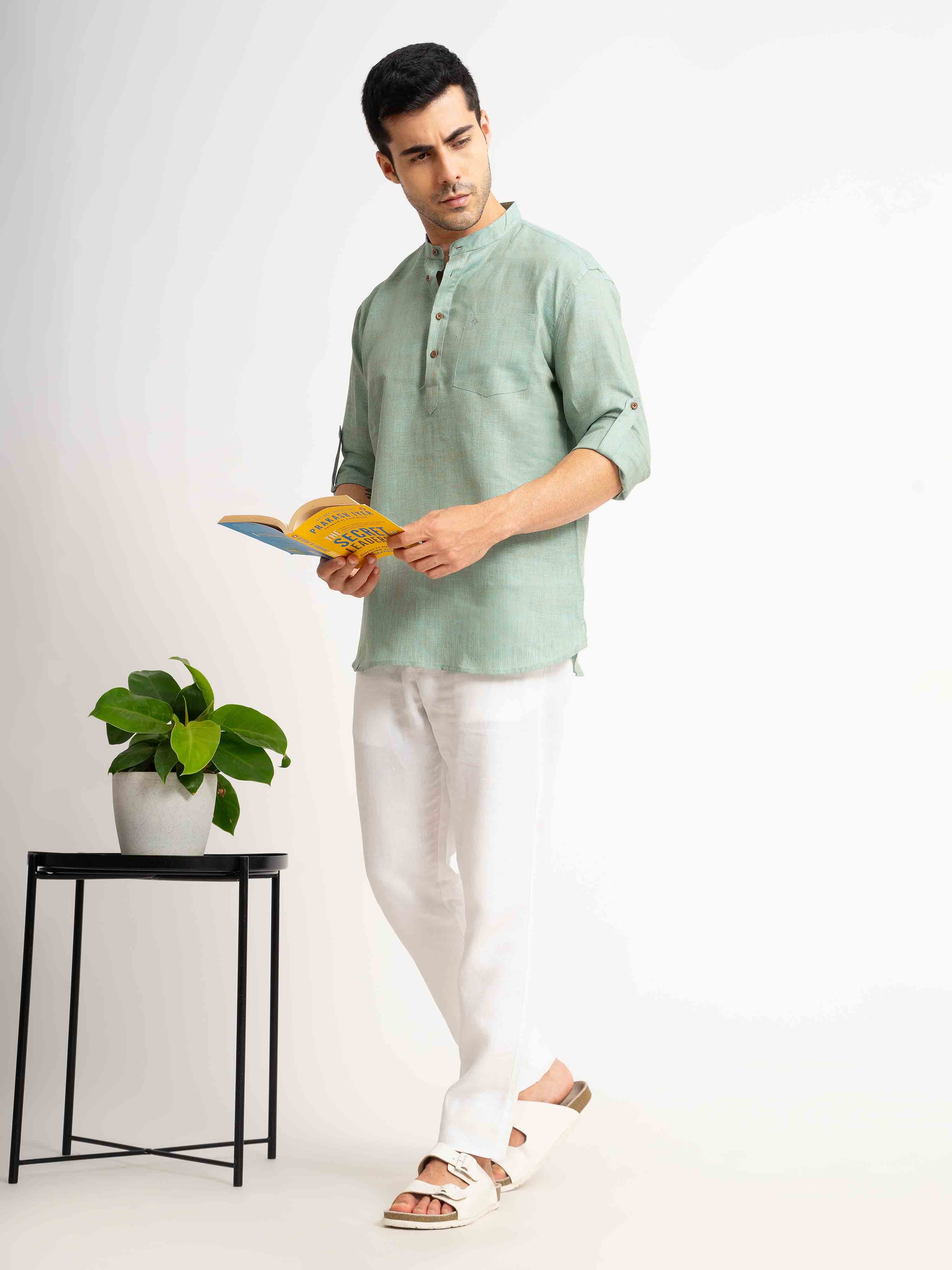 ST4U Men's Pure Linen Full Sleeve Chambray Short Kurta – Jade Green