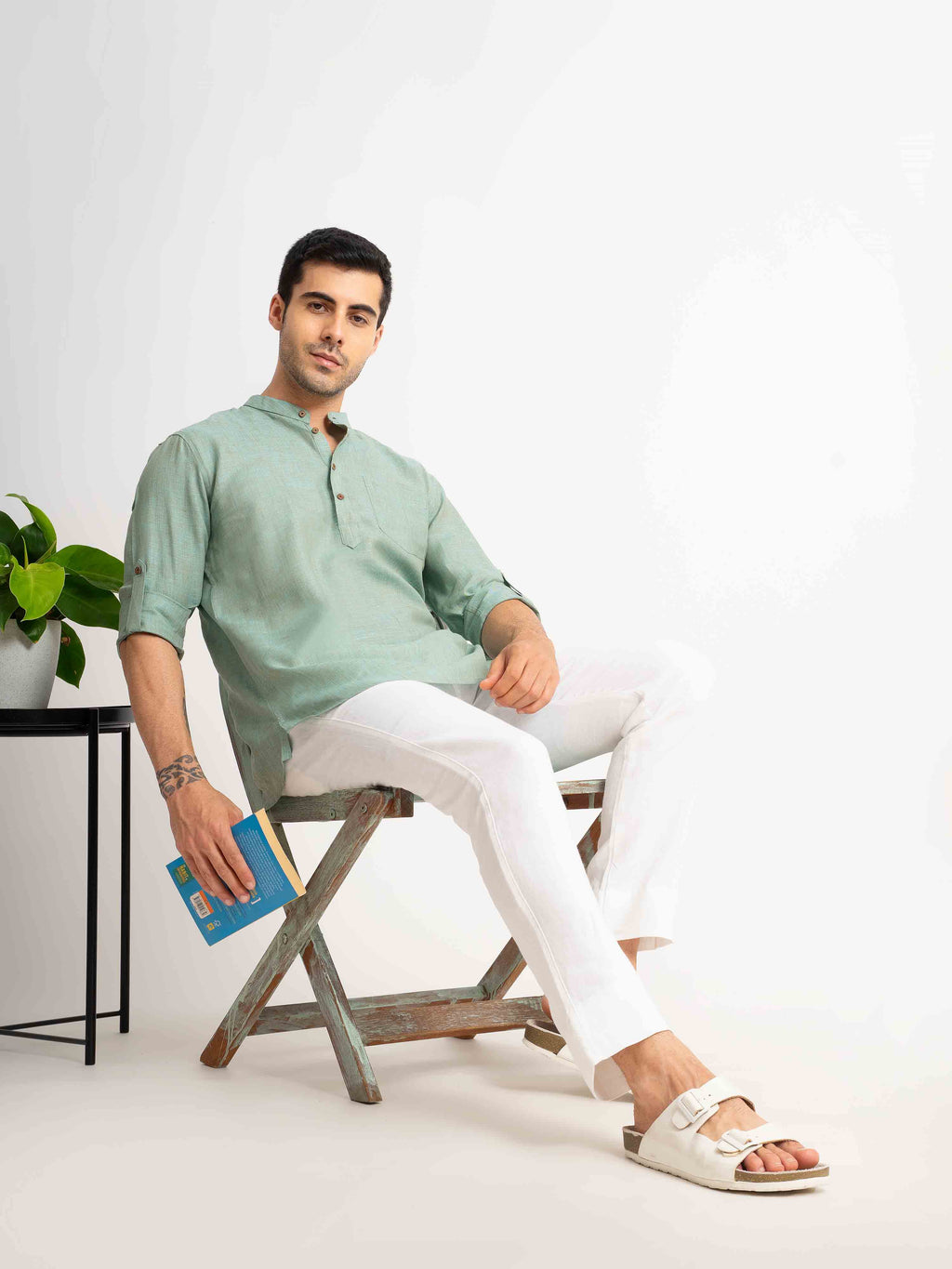 ST4U Men's Pure Linen Full Sleeve Chambray Short Kurta – Jade Green