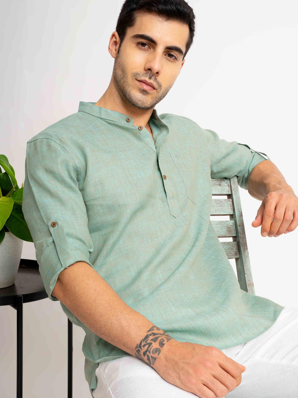 ST4U Men's Pure Linen Full Sleeve Chambray Short Kurta – Jade Green