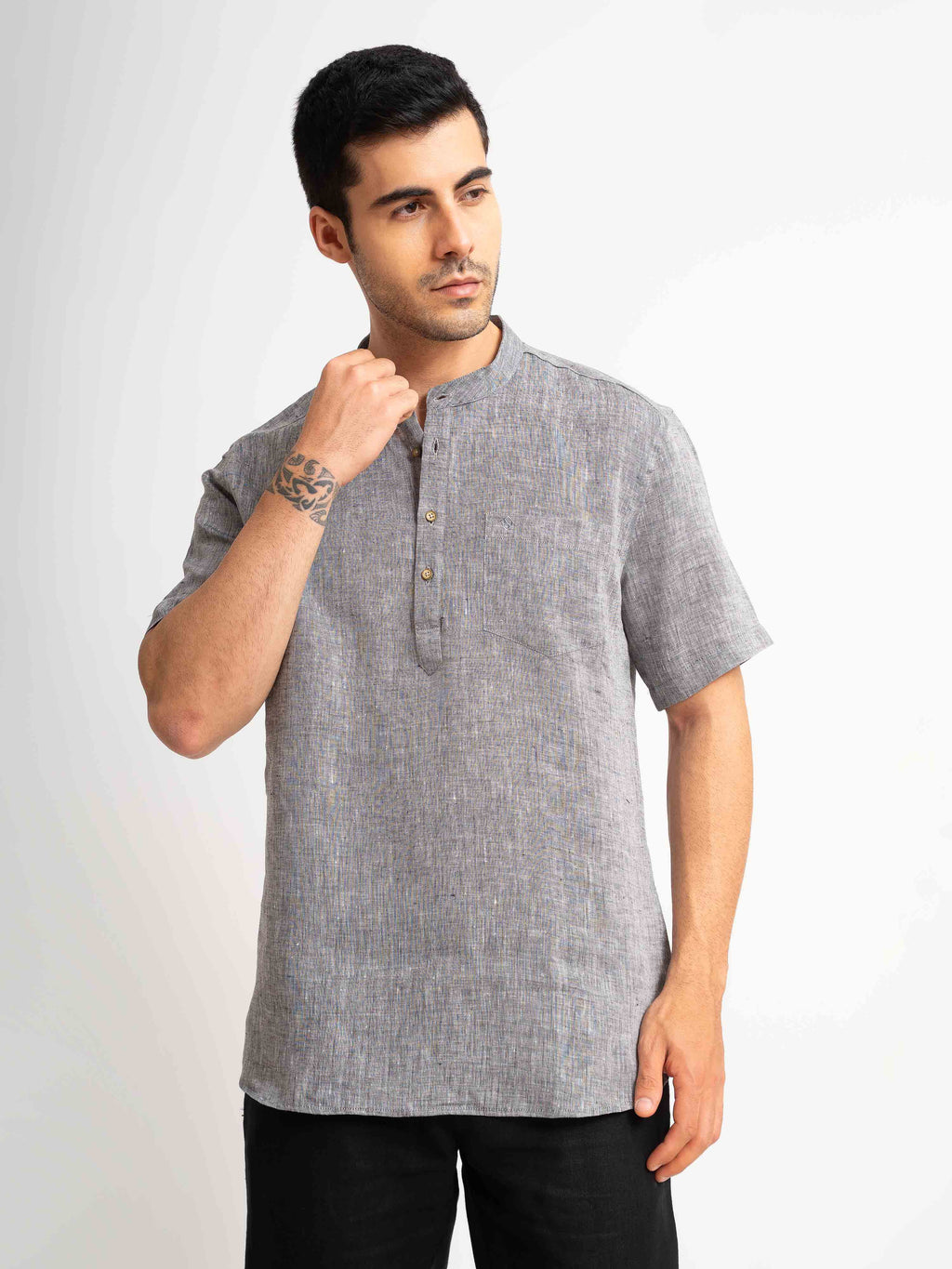 ST4U Men's Pure Linen Half Sleeve Chambray Short Kurta – Dark Grey
