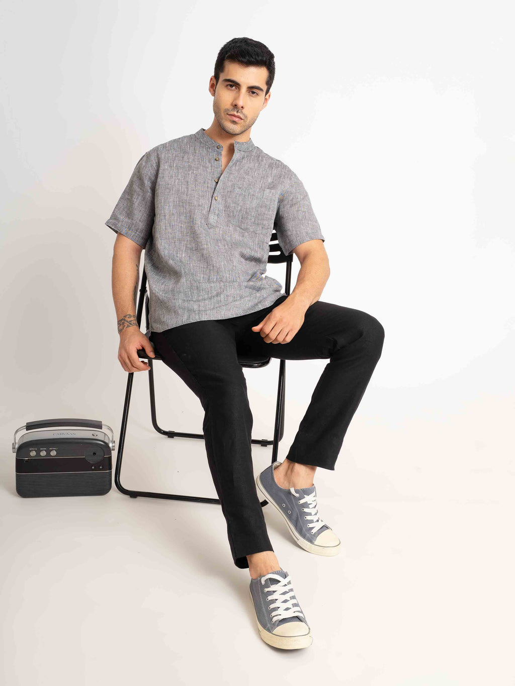 ST4U Men's Pure Linen Half Sleeve Chambray Short Kurta – Dark Grey