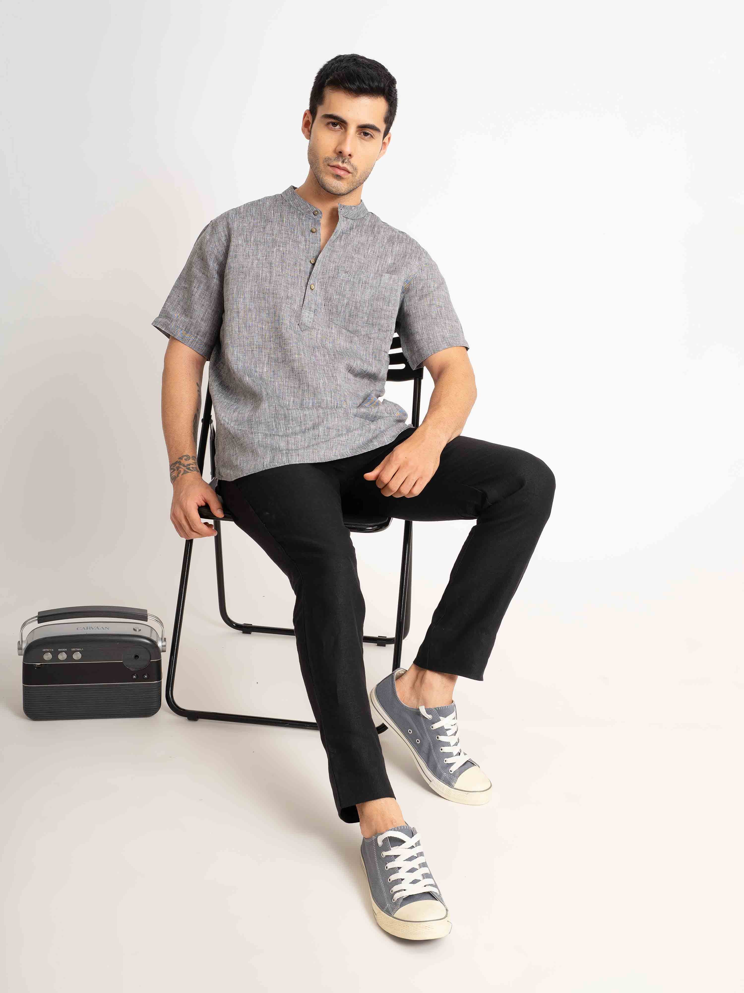 ST4U Men's Pure Linen Half Sleeve Chambray Short Kurta – Dark Grey