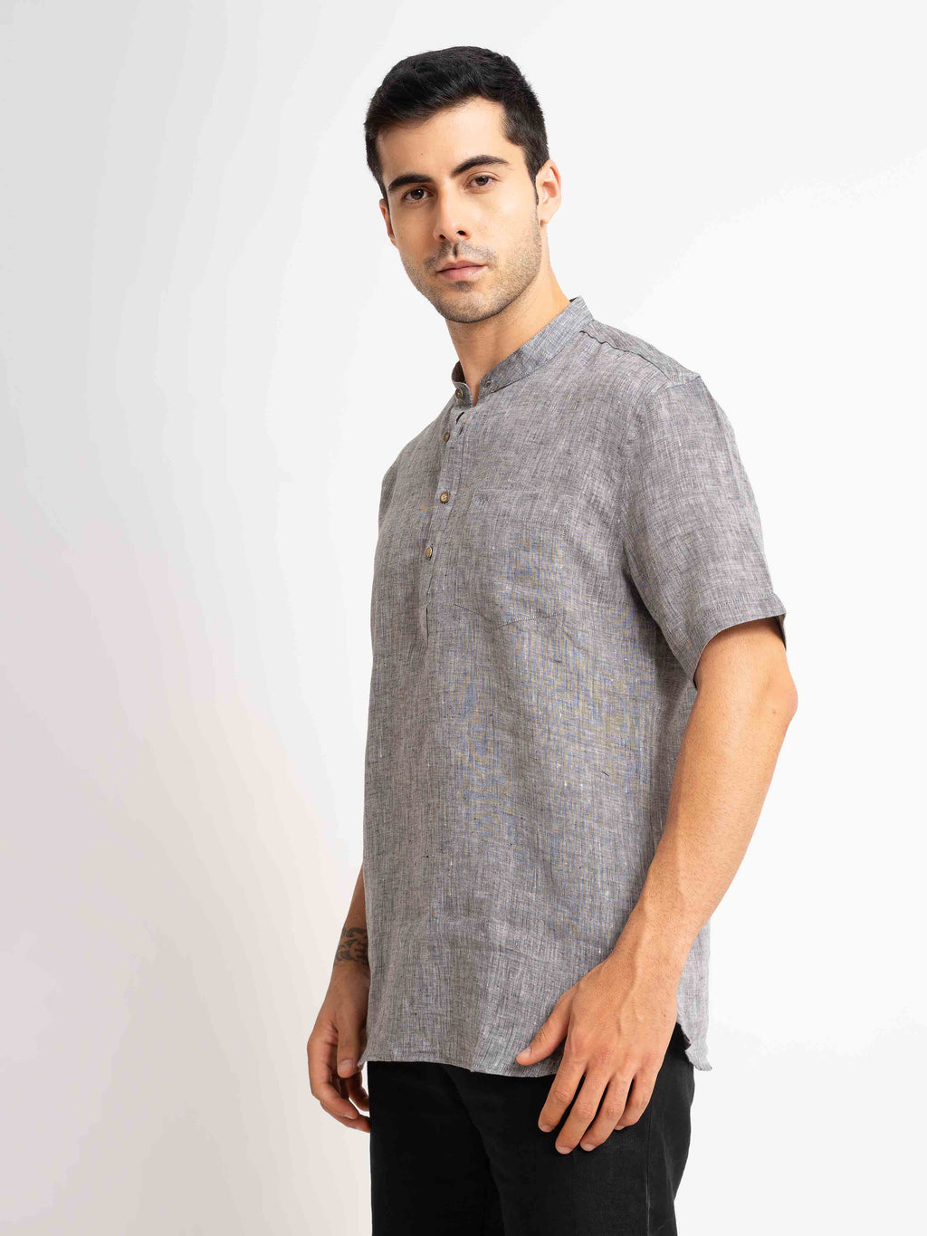 ST4U Men's Pure Linen Half Sleeve Chambray Short Kurta – Dark Grey
