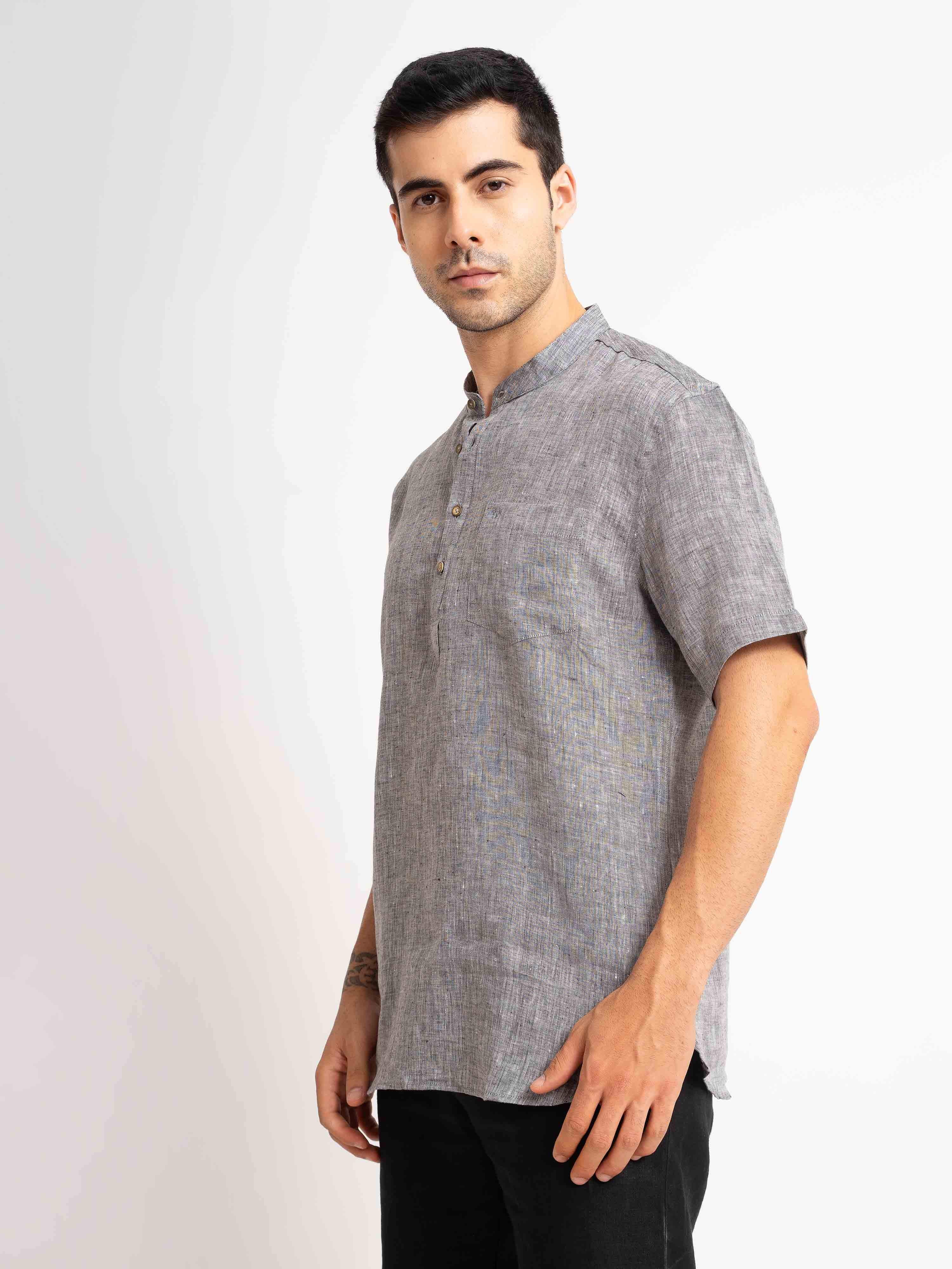 ST4U Men's Pure Linen Half Sleeve Chambray Short Kurta – Dark Grey