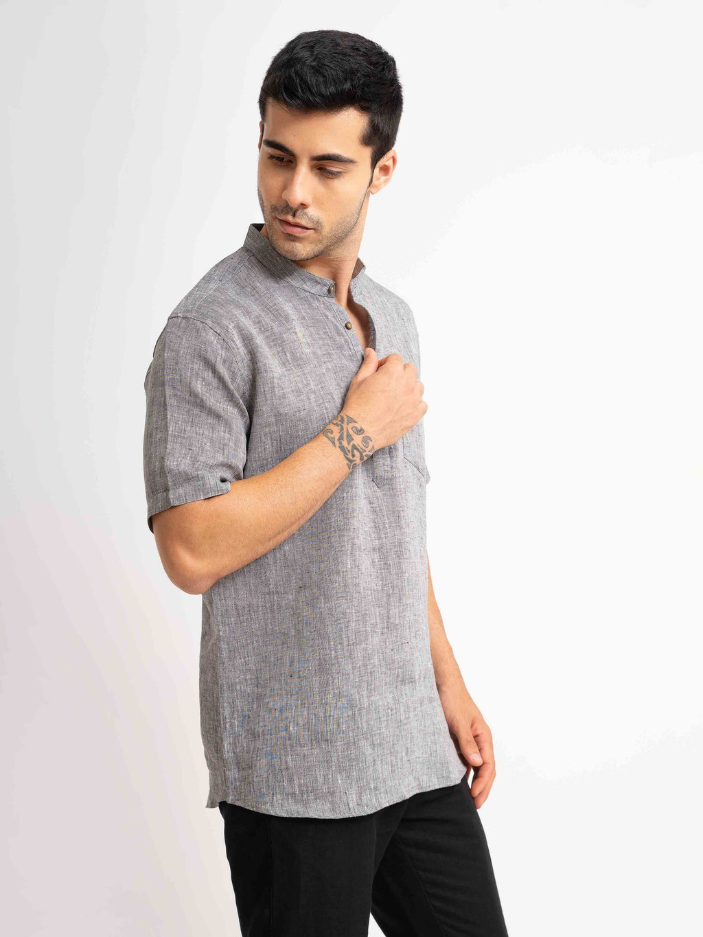 ST4U Men's Pure Linen Half Sleeve Chambray Short Kurta – Dark Grey