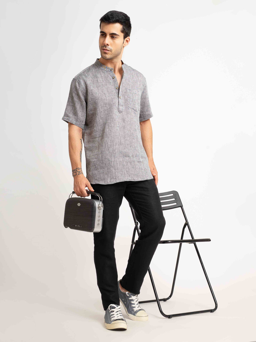 ST4U Men's Pure Linen Half Sleeve Chambray Short Kurta – Dark Grey