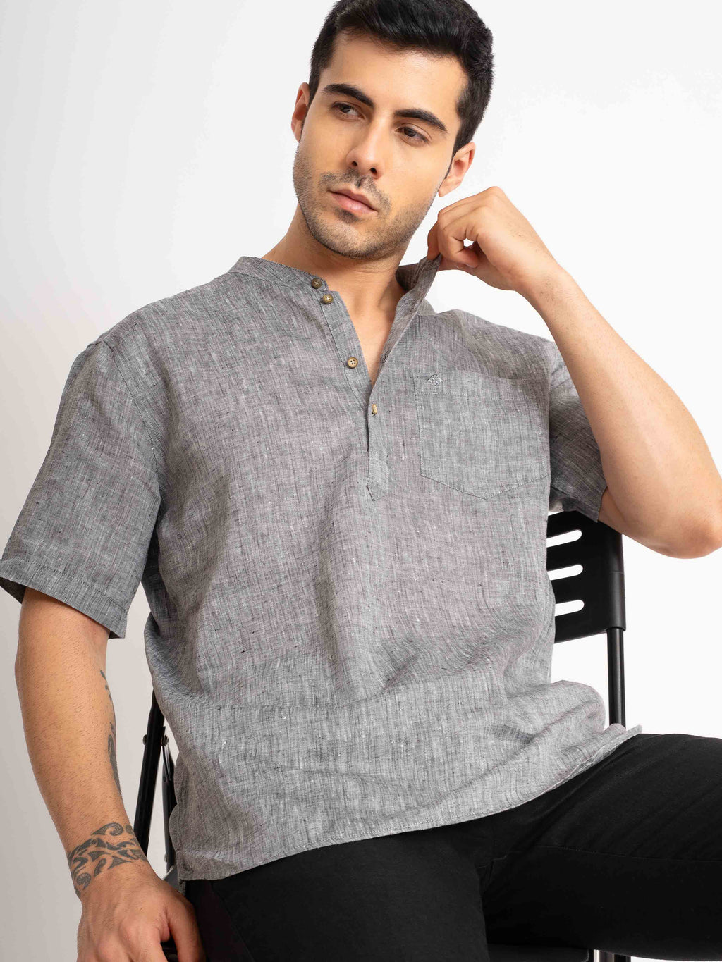 ST4U Men's Pure Linen Half Sleeve Chambray Short Kurta – Dark Grey