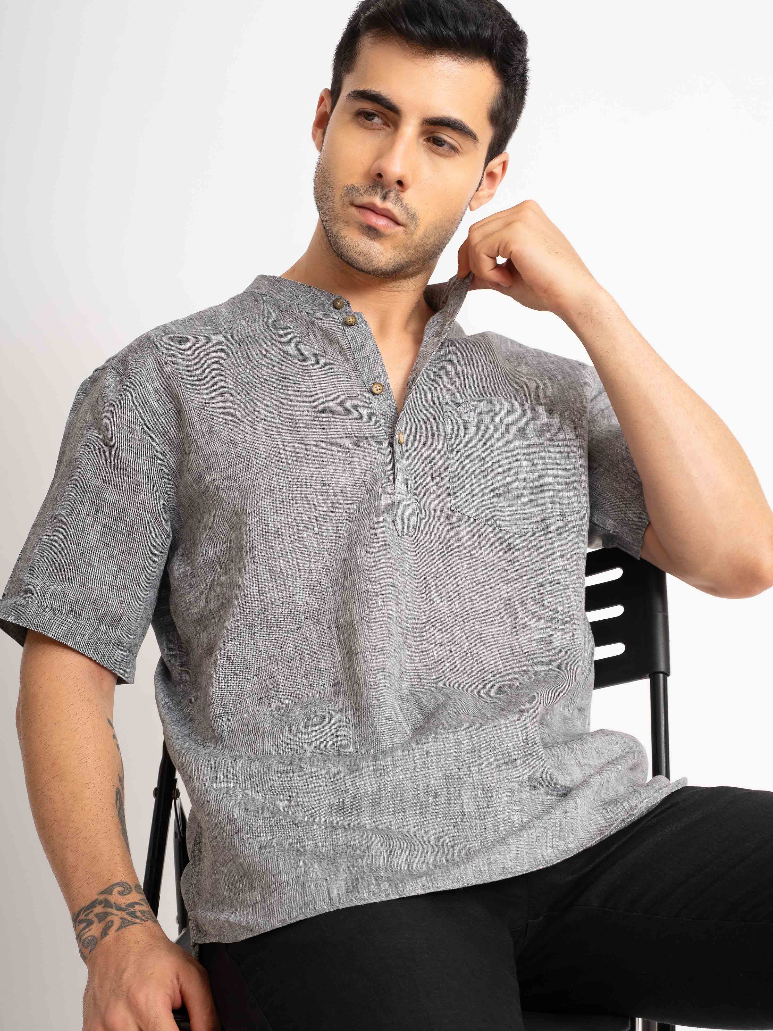 ST4U Men's Pure Linen Half Sleeve Chambray Short Kurta – Dark Grey