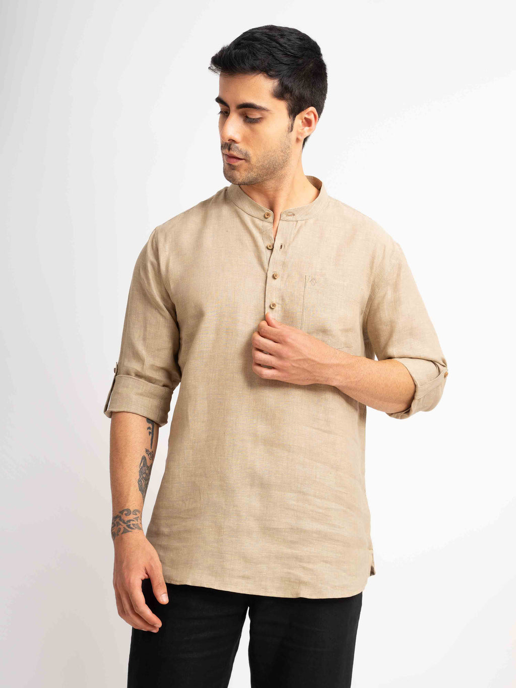 ST4U Men's Pure Linen Full Sleeve Chambray Short Kurta – Golden Sand
