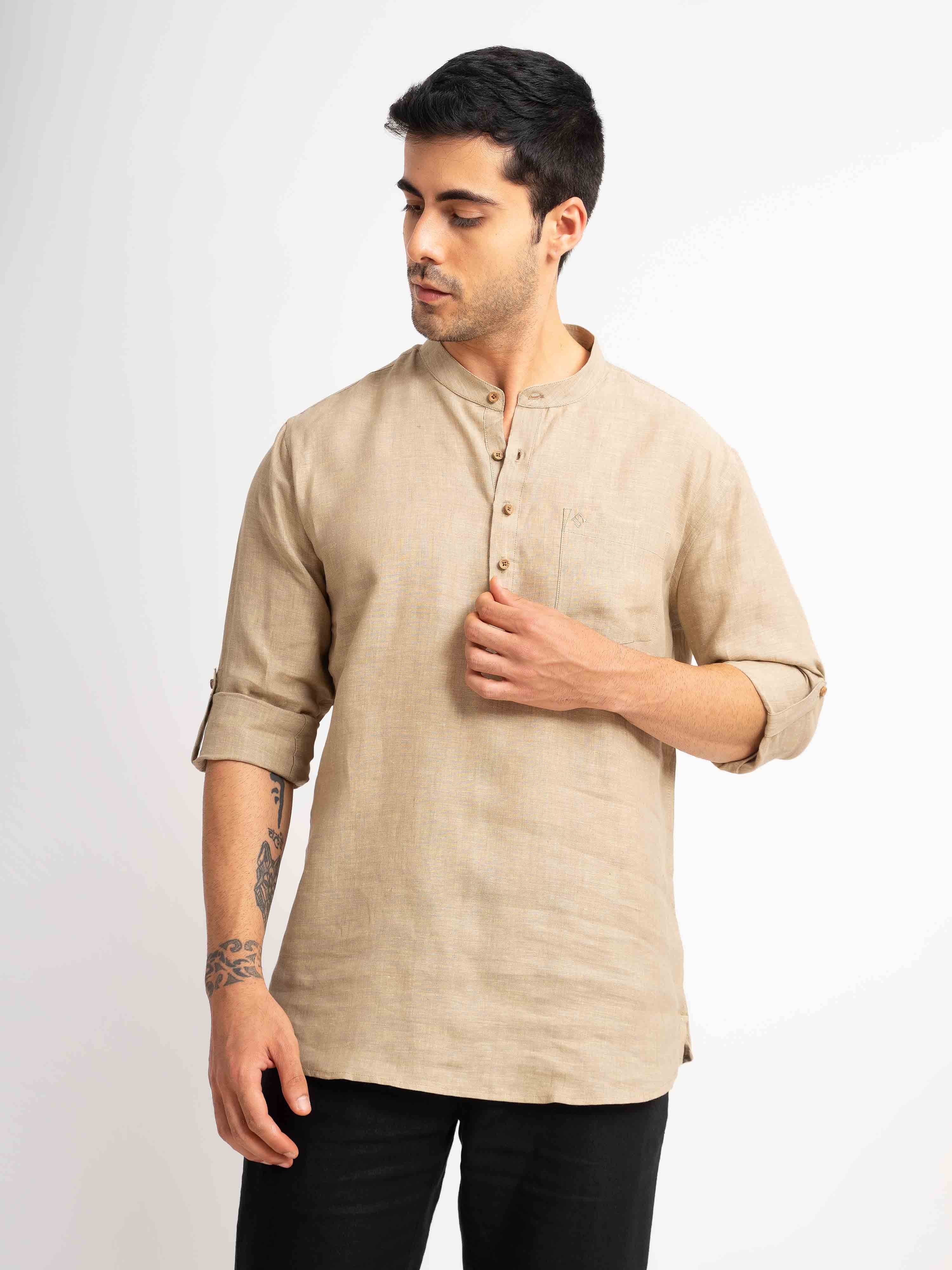 ST4U Men's Pure Linen Full Sleeve Chambray Short Kurta – Golden Sand