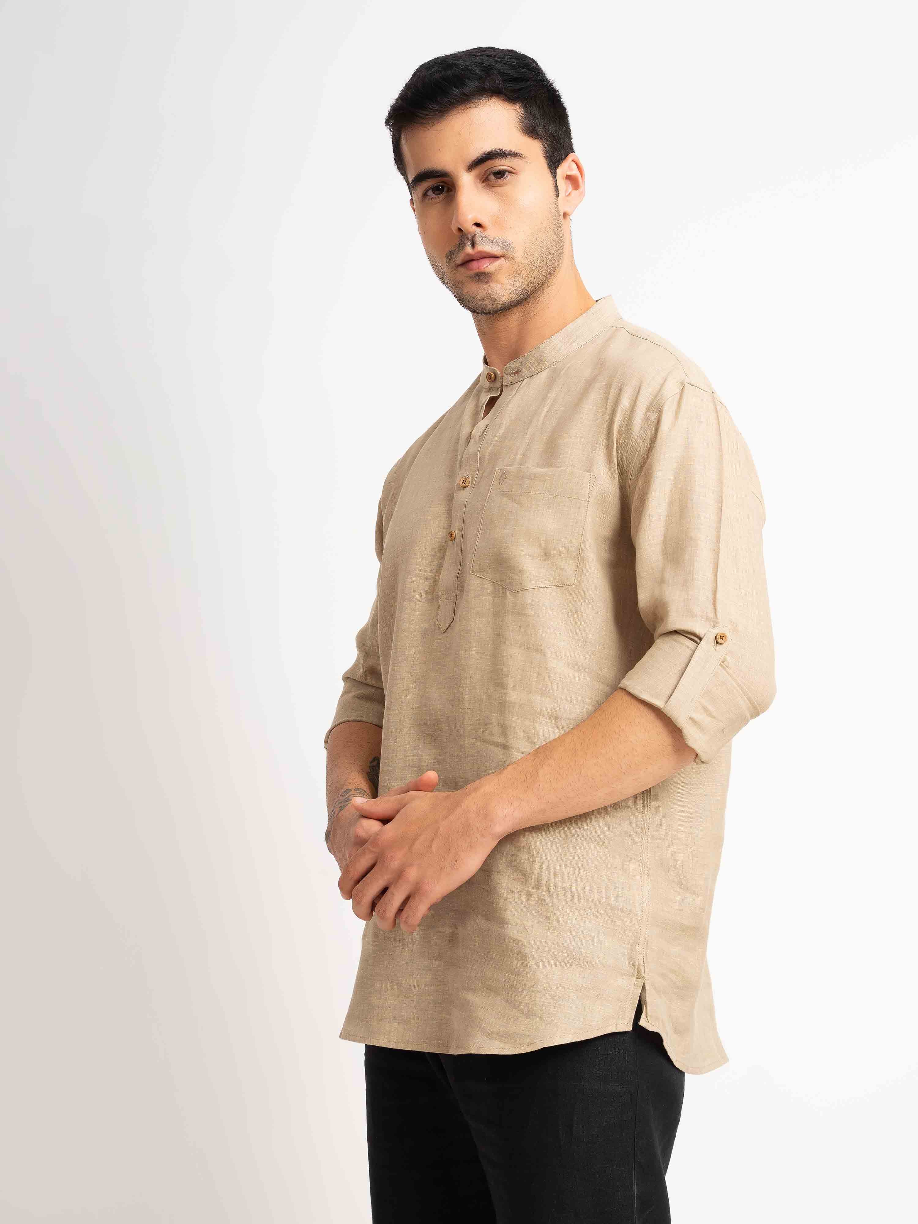 ST4U Men's Pure Linen Full Sleeve Chambray Short Kurta – Golden Sand