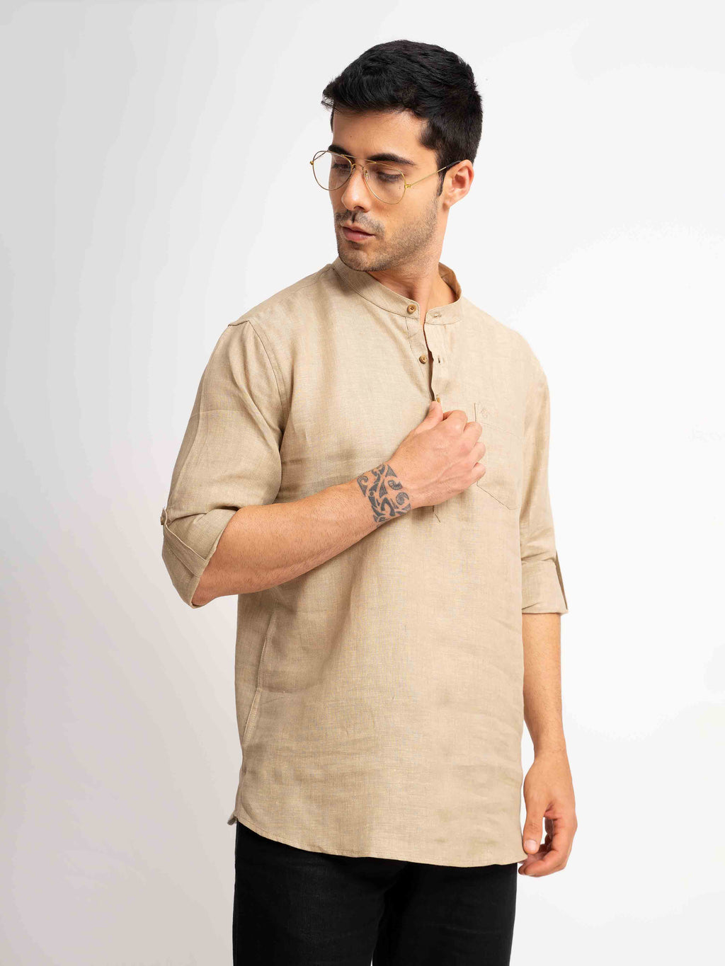 ST4U Men's Pure Linen Full Sleeve Chambray Short Kurta – Golden Sand
