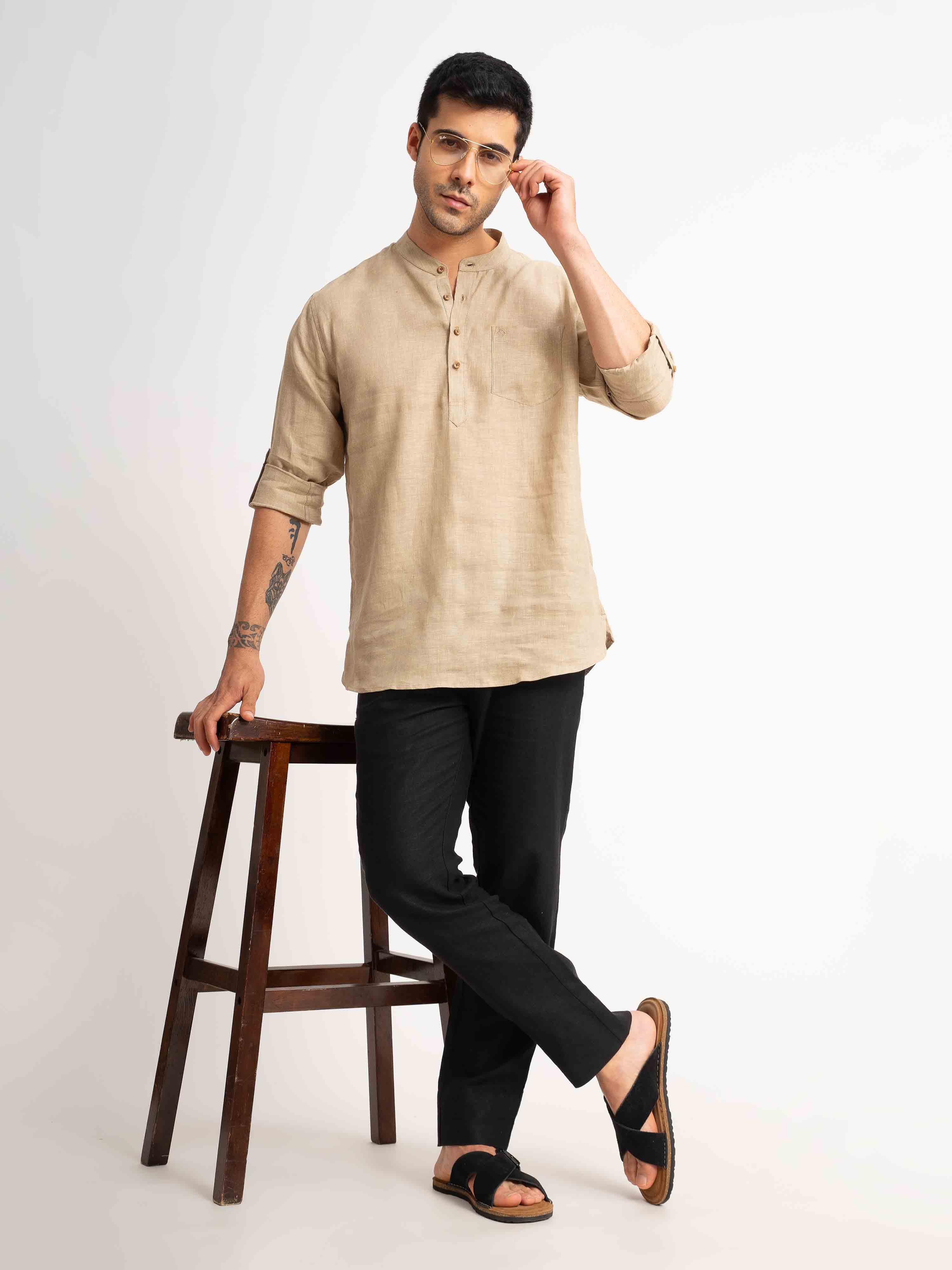 ST4U Men's Pure Linen Full Sleeve Chambray Short Kurta – Golden Sand